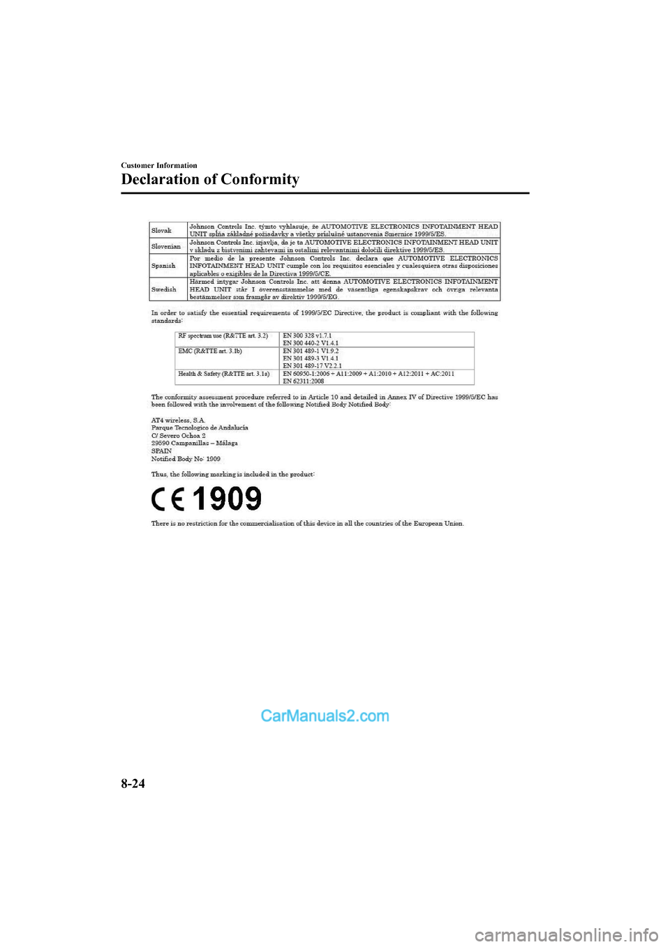 MAZDA MODEL CX-5 2017 Owners Manual - RHD (UK, Australia) (in English) Customer Information
Declaration of Conformity
8-24
2017-6-7 7:51:19Form No. CX-5 8FY4-EE-17E+L_Edition2 MAZDA MODEL CX-5 2017 Owners Manual - RHD (UK, Australia) (in English) Customer Information
Declaration of Conformity
8-24
2017-6-7 7:51:19Form No. CX-5 8FY4-EE-17E+L_Edition2