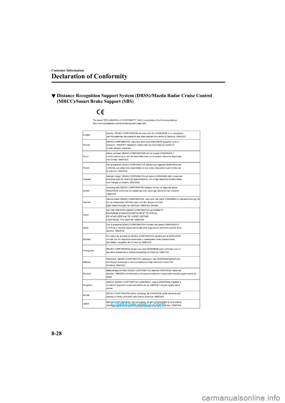 MAZDA MODEL CX-5 2017 Owners Manual - RHD (UK, Australia) (in English) ▼Distance Recognition Support Syst
em (DRSS)/Mazda Radar Cruise C ontrol
(MRCC)/Smart Bra ke Support (SBS)
Customer Information
Declaration of Conformity
8-28
2017-6-7 7:51:19 Form No. CX-5 8FY4-EE- MAZDA MODEL CX-5 2017 Owners Manual - RHD (UK, Australia) (in English) ▼Distance Recognition Support Syst
em (DRSS)/Mazda Radar Cruise C ontrol
(MRCC)/Smart Bra ke Support (SBS)
Customer Information
Declaration of Conformity
8-28
2017-6-7 7:51:19 Form No. CX-5 8FY4-EE-