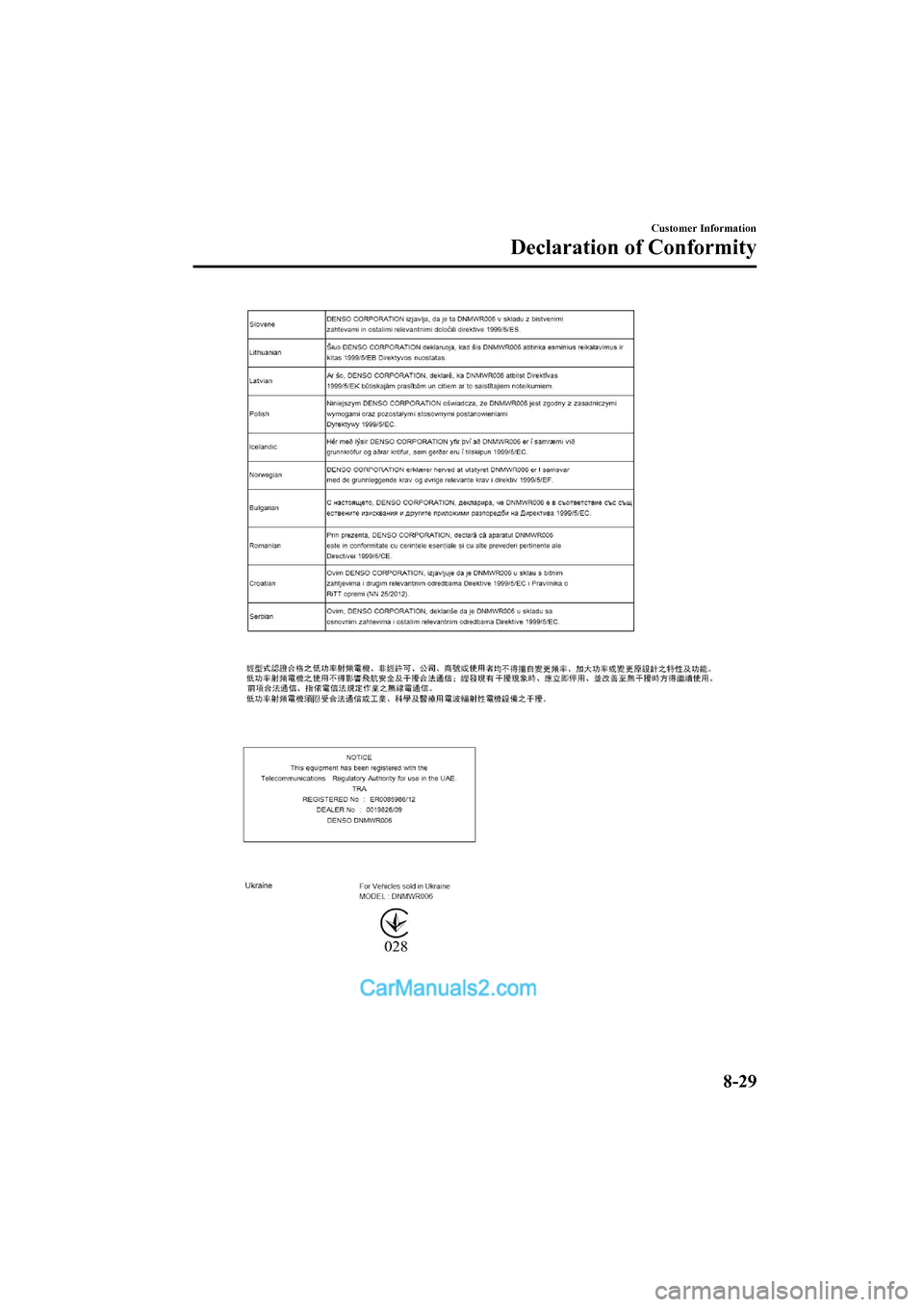 MAZDA MODEL CX-5 2017 Owners Manual - RHD (UK, Australia) (in English) Customer Information
Declaration of Conformity
8-29
2017-6-7 7:51:19Form No. CX-5 8FY4-EE-17E+L_Edition2 MAZDA MODEL CX-5 2017 Owners Manual - RHD (UK, Australia) (in English) Customer Information
Declaration of Conformity
8-29
2017-6-7 7:51:19Form No. CX-5 8FY4-EE-17E+L_Edition2