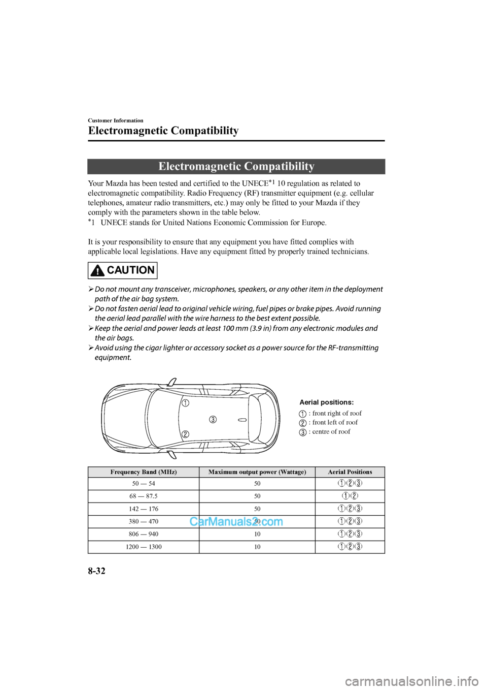 MAZDA MODEL CX-5 2017 Owners Manual - RHD (UK, Australia) (in English) Electromagnetic Compatibility
Your Mazda has been tested and certified to the UNECE*1 10 regulation as related to
electromagnetic compatibility. Ra dio Frequency (RF) transmitter equipment (e.g. cellu MAZDA MODEL CX-5 2017 Owners Manual - RHD (UK, Australia) (in English) Electromagnetic Compatibility
Your Mazda has been tested and certified to the UNECE*1 10 regulation as related to
electromagnetic compatibility. Ra dio Frequency (RF) transmitter equipment (e.g. cellu