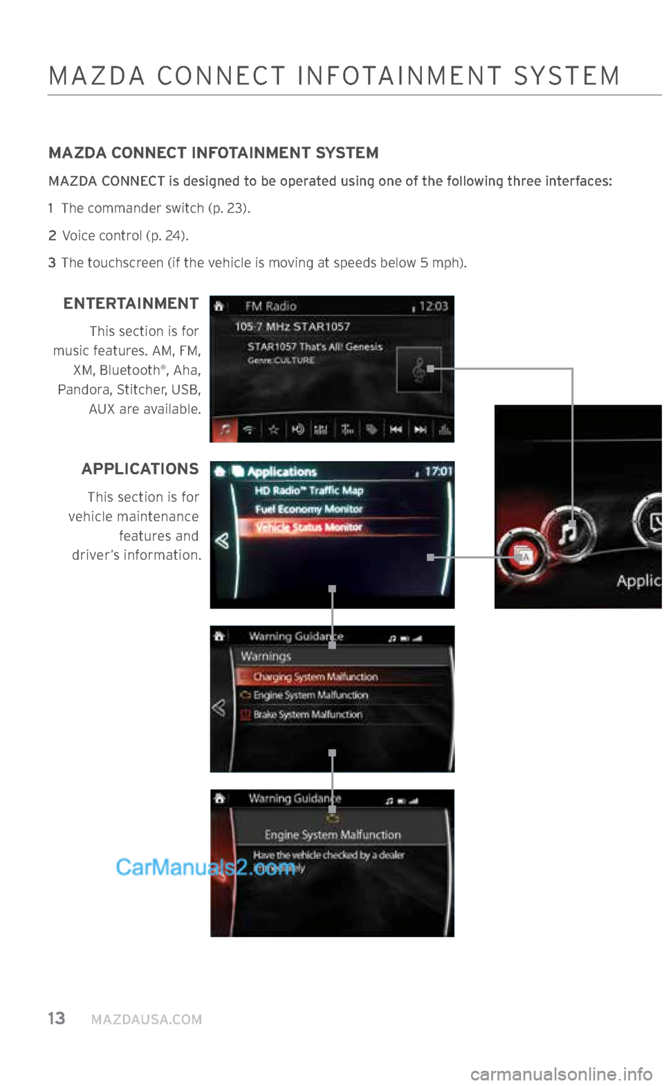 MAZDA MODEL CX-5 2017 Smart Start Guide (in English) 13 MAZDAUSA.COM
MAZDA CONNECT INFOTAINMENT SYSTEM
MAZDA CONNECT is designed to be operated using one of the following three interfaces:
1 The commander switch (p. 23).
2 Voice control (p. 24).
MAZDA MODEL CX-5 2017 Smart Start Guide (in English) 13 MAZDAUSA.COM
MAZDA CONNECT INFOTAINMENT SYSTEM
MAZDA CONNECT is designed to be operated using one of the following three interfaces:
1 The commander switch (p. 23).
2 Voice control (p. 24).