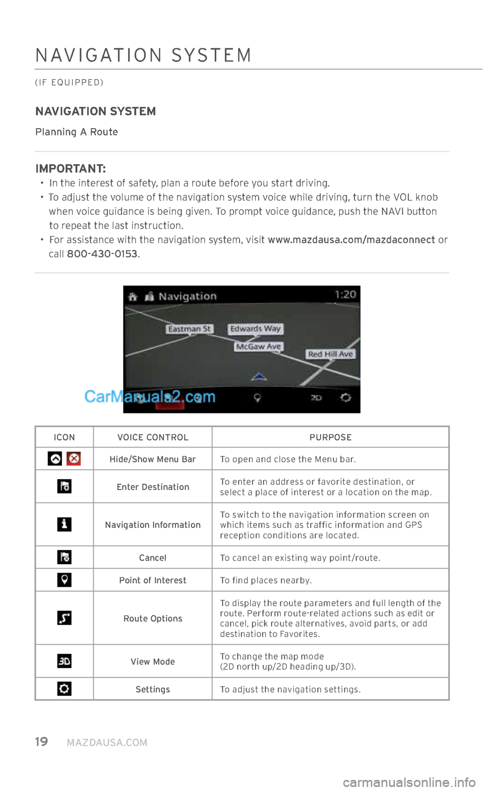 MAZDA MODEL CX-5 2017 Smart Start Guide (in English) 19 MAZDAUSA.COM
NAVIGATION SYSTEM
(IF EQUIPPED)
NAVIGATION SYSTEM
Planning A Route
IMPORTANT:
•
In the interest of safety, plan a route before you start driving.
•
To adjust the volum MAZDA MODEL CX-5 2017 Smart Start Guide (in English) 19 MAZDAUSA.COM
NAVIGATION SYSTEM
(IF EQUIPPED)
NAVIGATION SYSTEM
Planning A Route
IMPORTANT:
•
In the interest of safety, plan a route before you start driving.
•
To adjust the volum