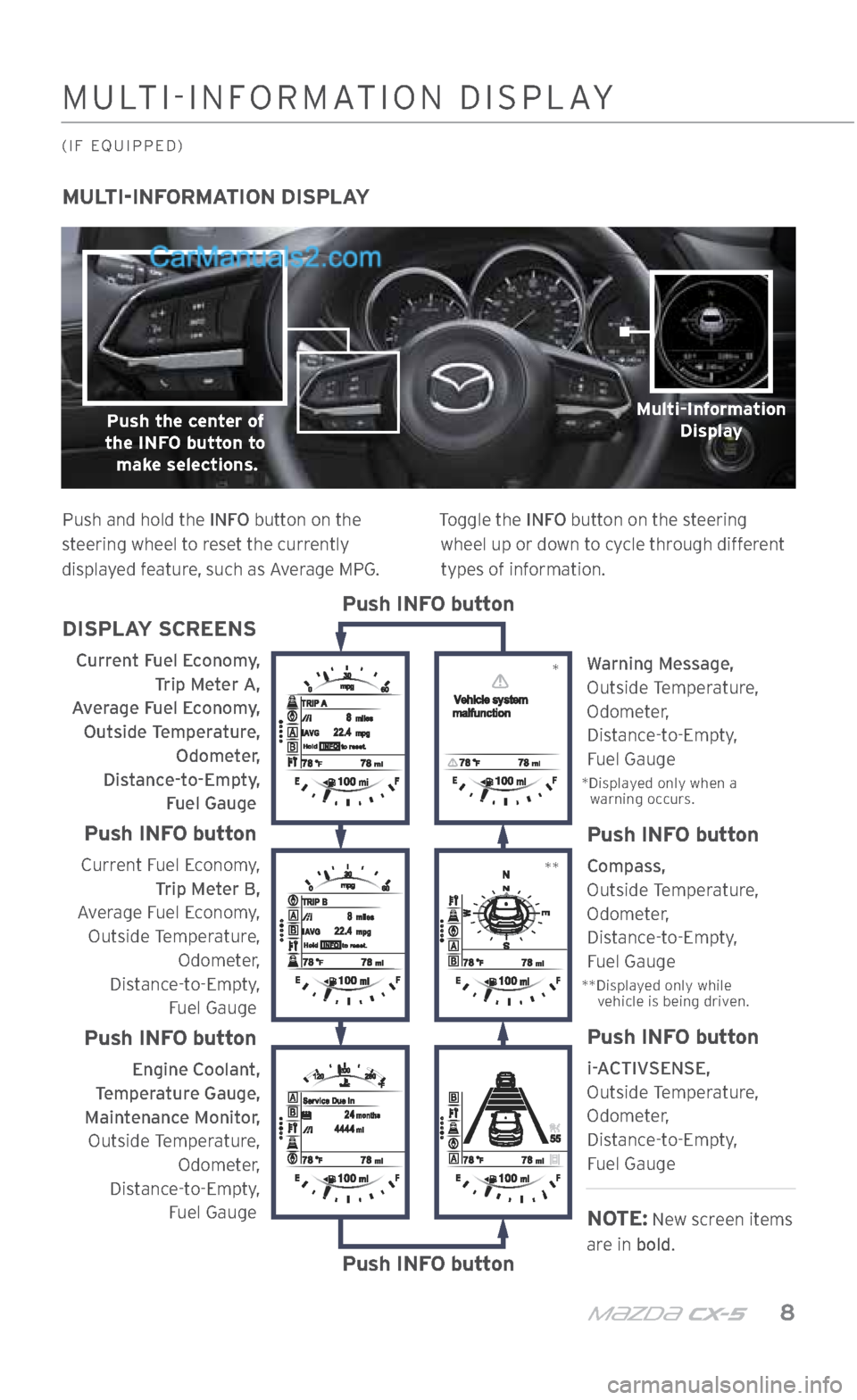 MAZDA MODEL CX-5 2017  Smart Start Guide (in English) m{zd{ cx-5    8
MULTI-INFORMATION DISPLAY 
Push and hold the INFO button on the 
steering wheel to reset the currently 
displayed feature, such as Average MPG. Toggle the INFO button on the steering 
