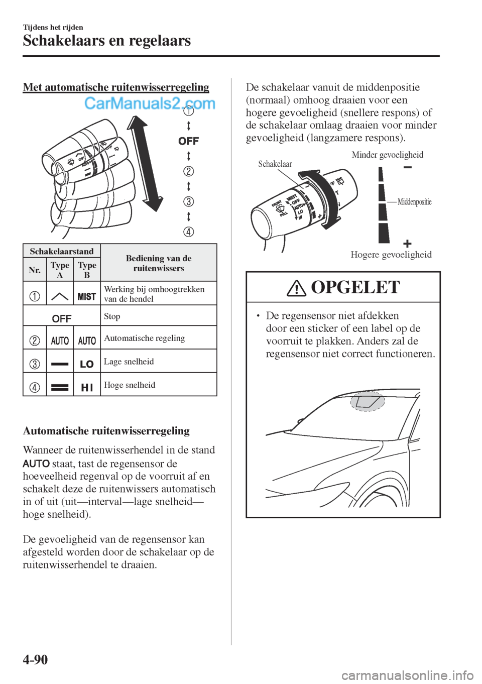 MAZDA MODEL CX-5 2017  Instruktionsbog (in Danish) 4–90
Tijdens het rijden
Schakelaars en regelaars
  Met  automatische  ruitenwisserregeling
   
 
 Schakelaarstand 
 Bediening van de 
ruitenwissers 
 Nr.  Ty p e  
A  Ty p e  
B 
 
      Werking bij