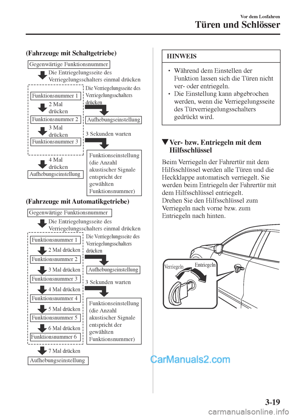 MAZDA MODEL CX-5 2017  Betriebsanleitung (in German) 3–19
Vor dem Losfahren
Türen und Schlösser
    (Fahrzeuge mit Schaltgetriebe) 
 
2 Mal 
drücken
3 Mal 
drücken Gegenwärtige Funktionsnummer
Funktionsnummer 1
Funktionsnummer 2
Funktionsnummer 3