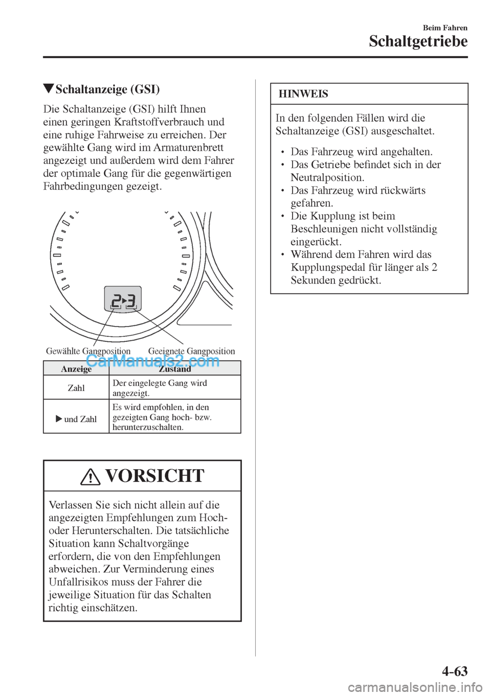 MAZDA MODEL CX-5 2017  Betriebsanleitung (in German) 4–63
Beim Fahren
Schaltgetriebe
         Schaltanzeige  (GSI)
    Die  Schaltanzeige  (GSI)  hilft  Ihnen 
einen geringen Kraftstoffverbrauch und 
eine ruhige Fahrweise zu erreichen. Der 
gewählte 