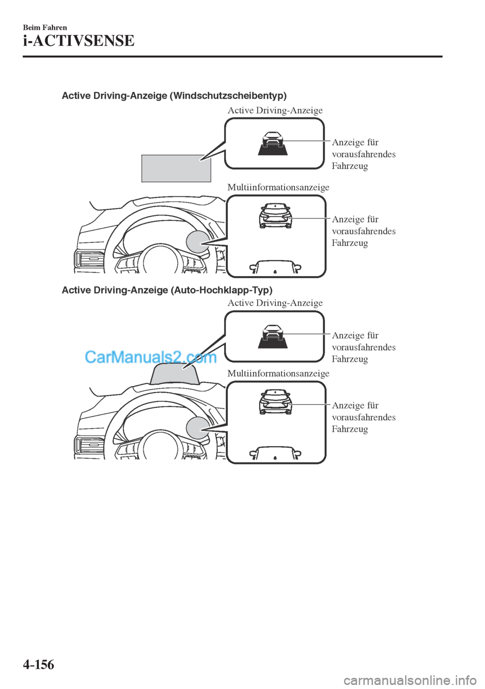 MAZDA MODEL CX-5 2017  Betriebsanleitung (in German) 4–156
Beim Fahren
i-ACTIVSENSE
 
Multiinformationsanzeige Active Driving-Anzeige
Active Driving-Anzeige Active Driving-Anzeige (Windschutzscheibentyp)
Active Driving-Anzeige (Auto-Hochklapp-Typ)Anze