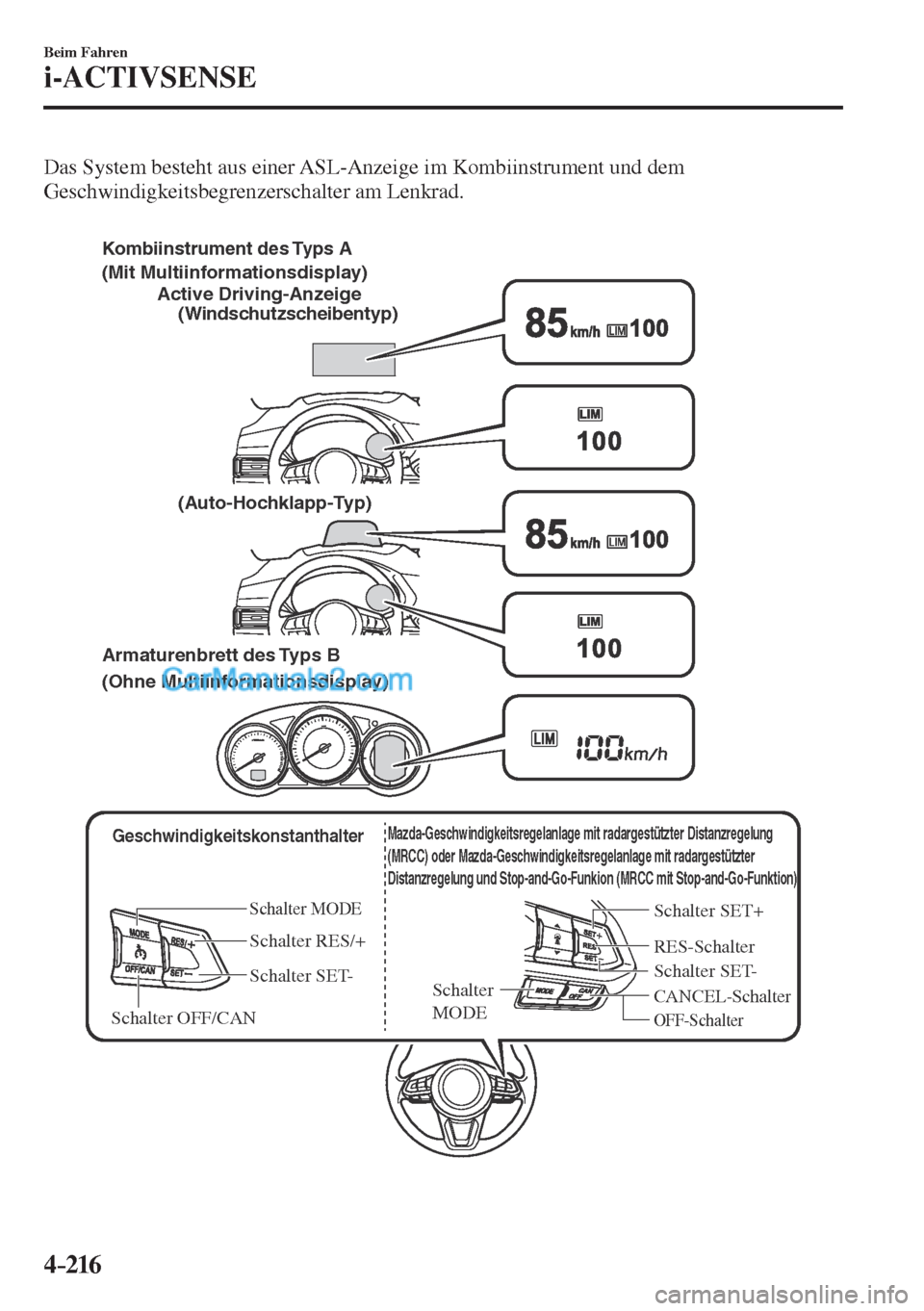 MAZDA MODEL CX-5 2017  Betriebsanleitung (in German) 4–216
Beim Fahren
i-ACTIVSENSE
  Das System besteht aus einer ASL-Anzeige im Kombiinstrument und dem 
Geschwindigkeitsbegrenzerschalter am Lenkrad.
  
 
 Geschwindigkeitskonstanthalter
Schalter MODE