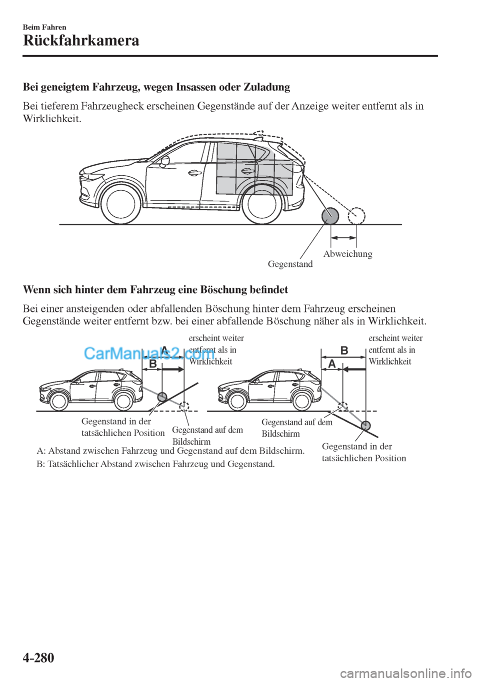 MAZDA MODEL CX-5 2017 Betriebsanleitung (in German) 4–280
Beim Fahren
Rückfahrkamera
Bei geneigtem Fahrzeug, wegen Insassen oder Zuladung
Bei tieferem Fahrzeugheck erscheinen Gegenstände auf der Anzeige weiter entfernt als in
Wirklichkeit.
MAZDA MODEL CX-5 2017 Betriebsanleitung (in German) 4–280
Beim Fahren
Rückfahrkamera
Bei geneigtem Fahrzeug, wegen Insassen oder Zuladung
Bei tieferem Fahrzeugheck erscheinen Gegenstände auf der Anzeige weiter entfernt als in
Wirklichkeit.