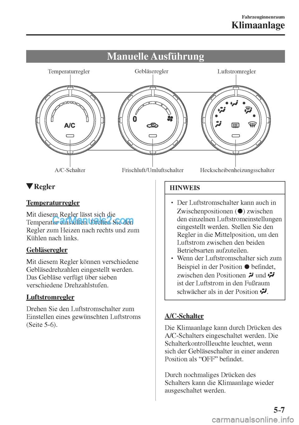 MAZDA MODEL CX-5 2017  Betriebsanleitung (in German) 5–7
Fahrzeuginnenraum
Klimaanlage
 Manuelle  Ausführung
           
Temperaturregler Gebläseregler
Luftstromregler
A/C-SchalterFrischluft/Umluftschalter Heckscheibenheizungsschalter 
         Regl