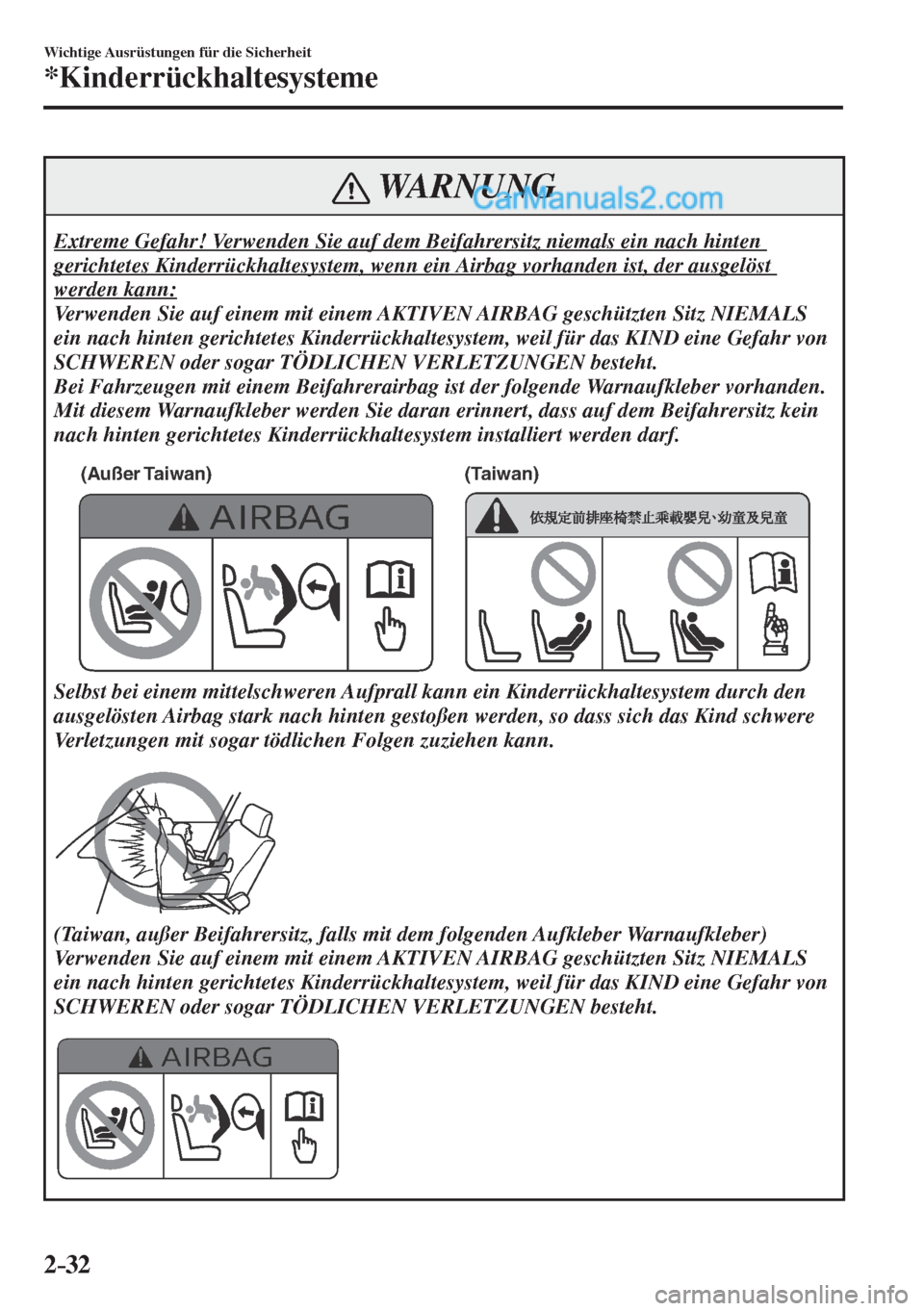 MAZDA MODEL CX-5 2017  Betriebsanleitung (in German) 2–32
Wichtige Ausrüstungen für die Sicherheit
*Kinderrückhaltesysteme
 WARNUNG
 Extreme Gefahr! Verwenden Sie auf dem Beifahrersitz niemals ein nach hinten 
gerichtetes Kinderrückhaltesystem, we
