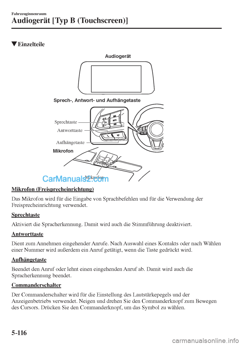 MAZDA MODEL CX-5 2017  Betriebsanleitung (in German) 5–116
Fahrzeuginnenraum
Audiogerät [Typ B (Touchscreen)]
          Einzelteile
   Mikrofon Sprech-, Antwort- und Aufhängetaste
MikrofonAudiogerät
Sprechtaste
AufhängetasteAntworttaste
 
  Mikrof