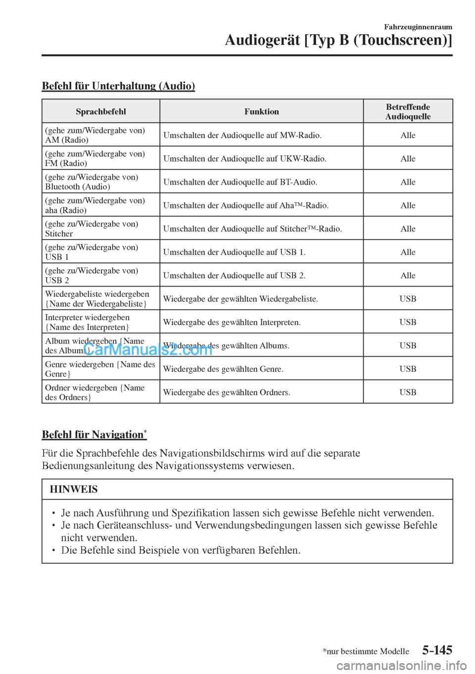 MAZDA MODEL CX-5 2017  Betriebsanleitung (in German) 5–14 5
Fahrzeuginnenraum
Audiogerät [Typ B (Touchscreen)]
*nur bestimmte Modelle
  Befehl für Unterhaltung (Audio)
 Sprachbefehl   Funktion  Betreffende 
Audioquelle 
 (gehe zum/Wiedergabe von) 
A