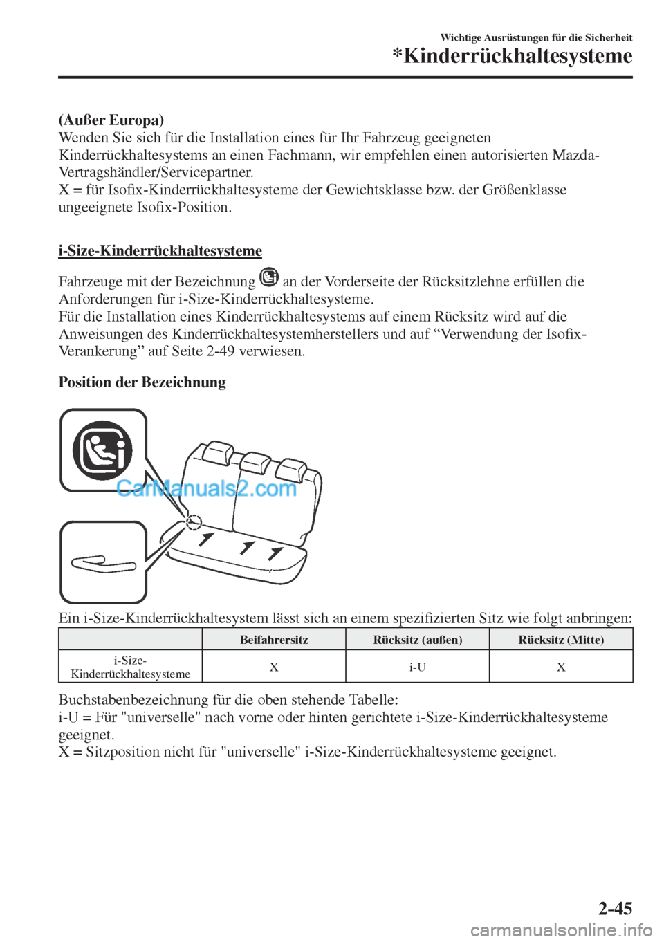 MAZDA MODEL CX-5 2017  Betriebsanleitung (in German) 2–45
Wichtige Ausrüstungen für die Sicherheit
*Kinderrückhaltesysteme
    (Außer Europa) 
  Wenden Sie sich für die Installation eines für Ihr Fahrzeug geeigneten 
Kinderrückhaltesystems an e