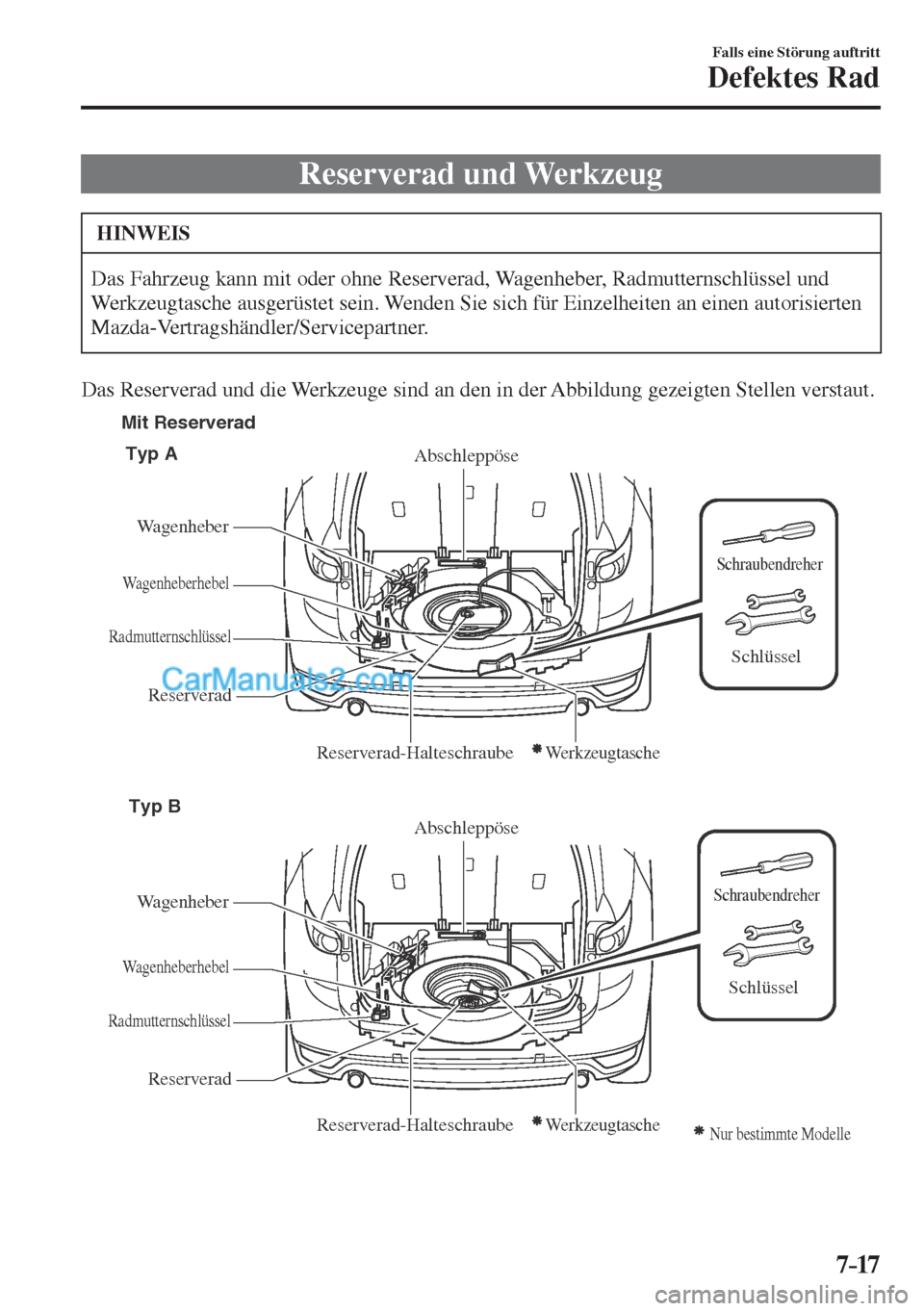 MAZDA MODEL CX-5 2017  Betriebsanleitung (in German) 7–17
Falls eine Störung auftritt
Defektes Rad
                  Reserverad  und  Werkzeug
 HINWEIS
 Das Fahrzeug kann mit oder ohne Reserverad, Wagenheber, Radmutternschlüssel und 
Werkzeugtasche 