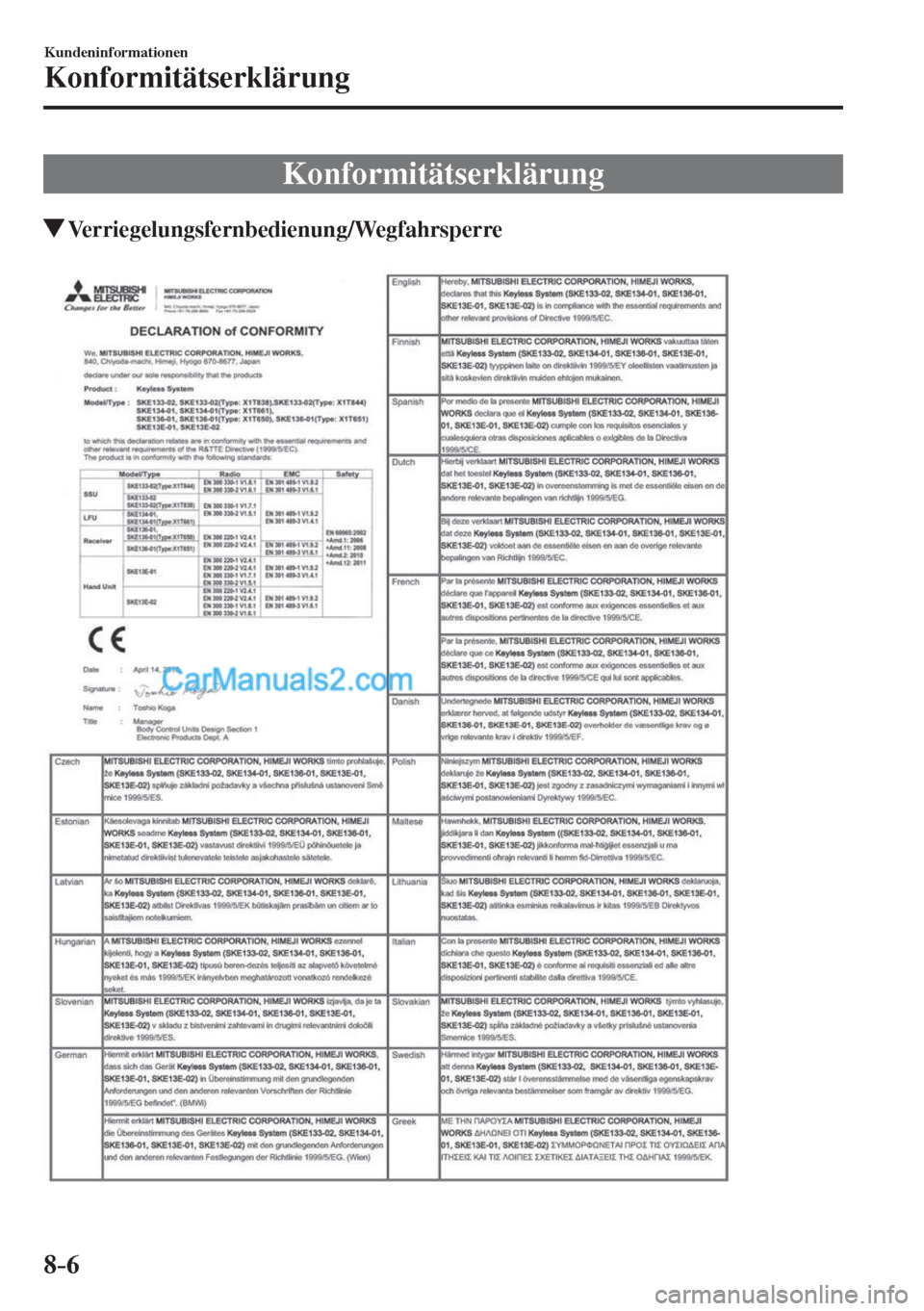 MAZDA MODEL CX-5 2017 Betriebsanleitung (in German) 8–6
Kundeninformationen
Konformitätserklärung
Konformitätserklärung
Verriegelungsfernbedienung/Wegfahrsperre
MAZDA MODEL CX-5 2017 Betriebsanleitung (in German) 8–6
Kundeninformationen
Konformitätserklärung
Konformitätserklärung
Verriegelungsfernbedienung/Wegfahrsperre