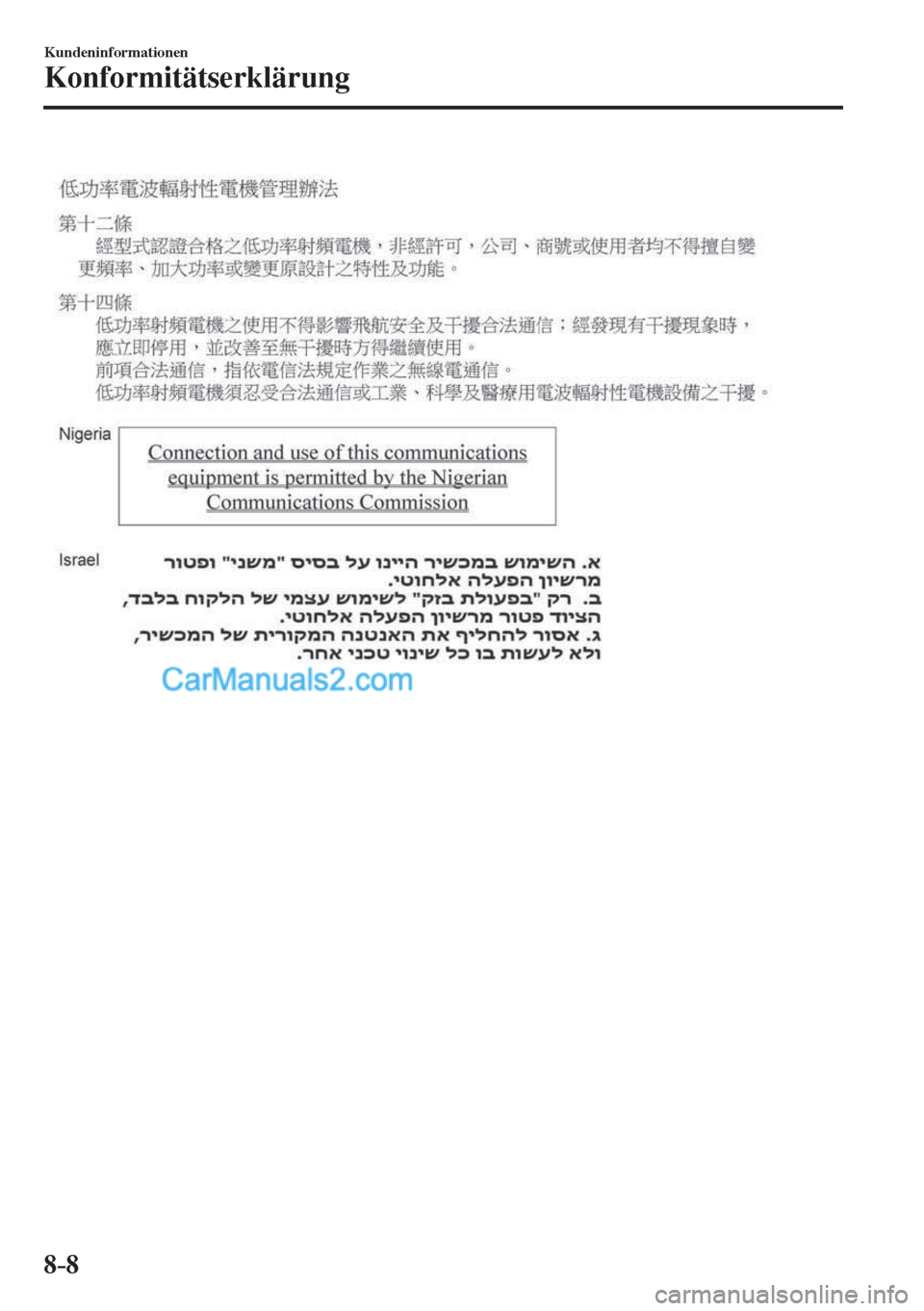 MAZDA MODEL CX-5 2017 Betriebsanleitung (in German) 8–8
Kundeninformationen
Konformitätserklärung
MAZDA MODEL CX-5 2017 Betriebsanleitung (in German) 8–8
Kundeninformationen
Konformitätserklärung
