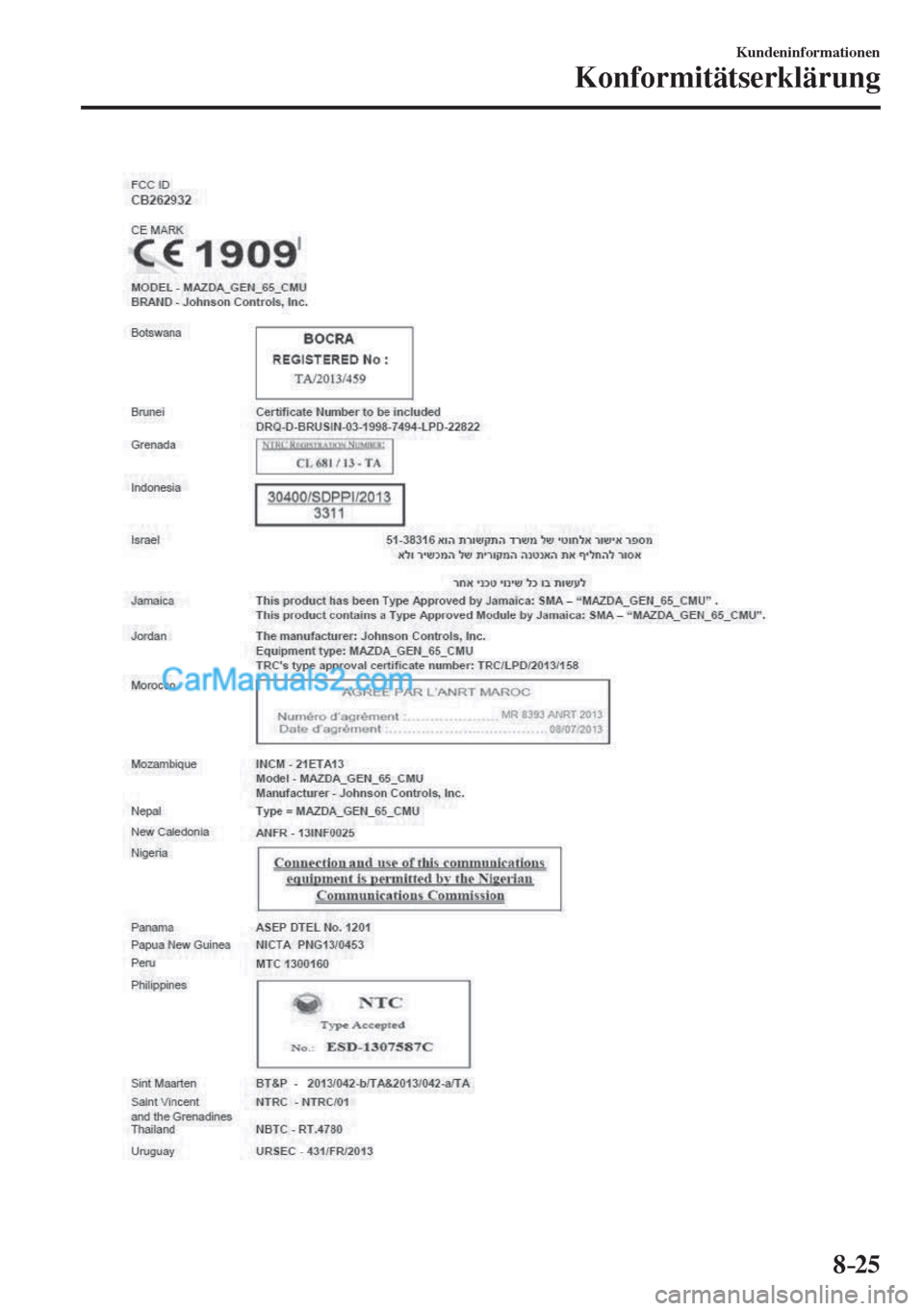 MAZDA MODEL CX-5 2017 Betriebsanleitung (in German) 8–25
Kundeninformationen
Konformitätserklärung
MAZDA MODEL CX-5 2017 Betriebsanleitung (in German) 8–25
Kundeninformationen
Konformitätserklärung