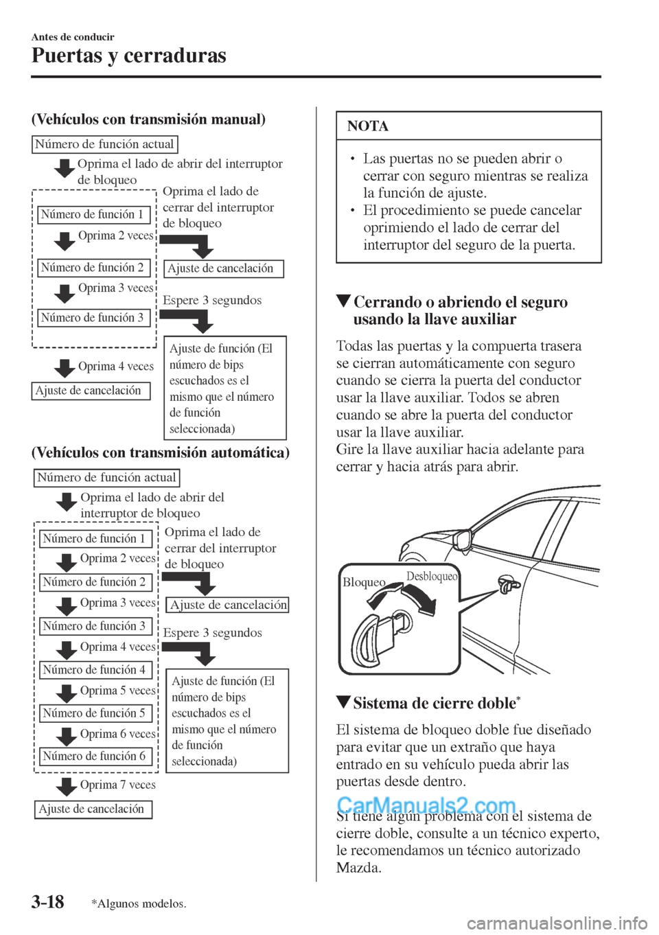 MAZDA MODEL CX-5 2017  Manual del propietario (in Spanish) 3–18
Antes de conducir
Puertas y cerraduras
*Algunos modelos.
    (Vehículos con transmisión manual) 
 
Oprima 2 veces
Oprima 3 veces
Número de función actual
Número de función 1
Número de fu