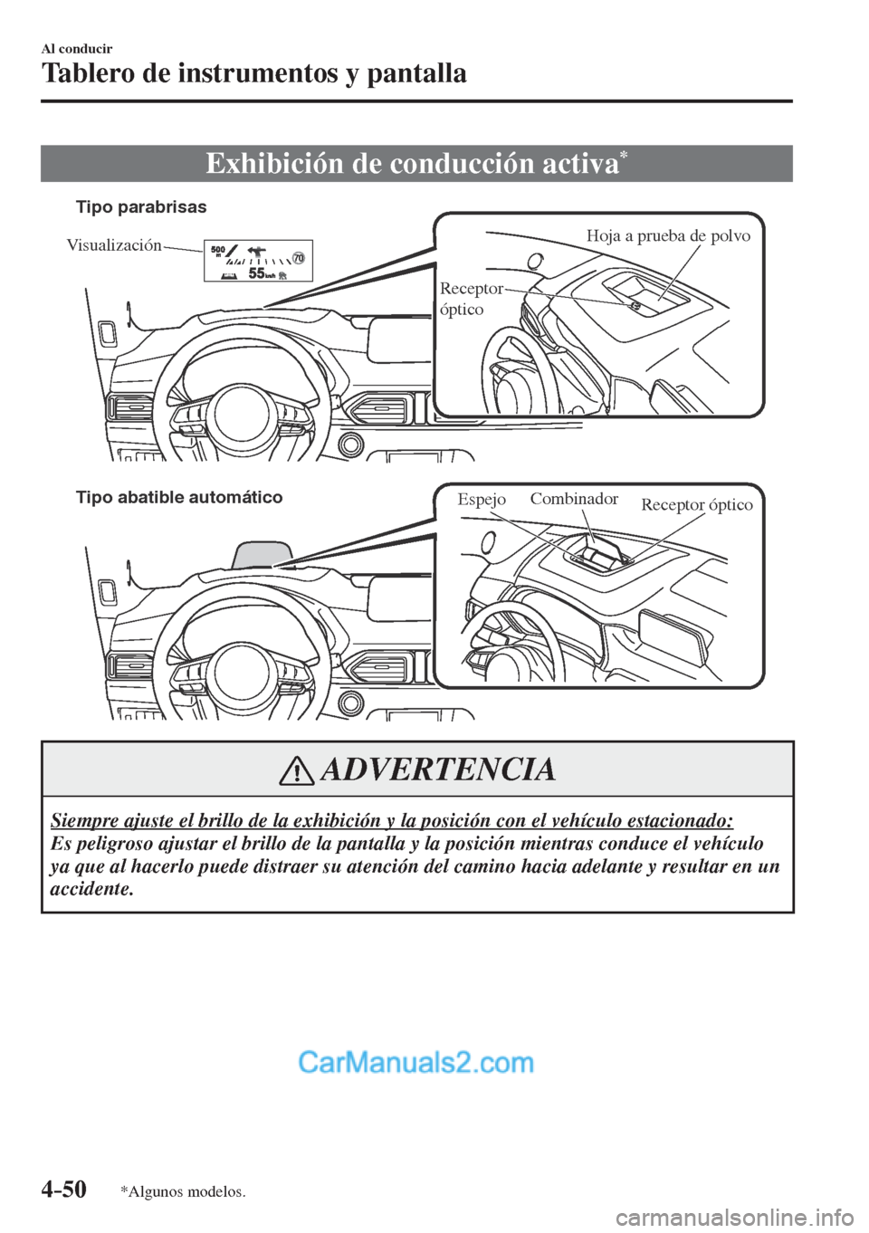 MAZDA MODEL CX-5 2017  Manual del propietario (in Spanish) 4–50
Al conducir
Tablero de instrumentos y pantalla
*Algunos modelos.
 Exhibición de conducción activa * 
           
Hoja a prueba de polvo
Visualización
Receptor 
óptico Tipo parabrisas
Tipo a