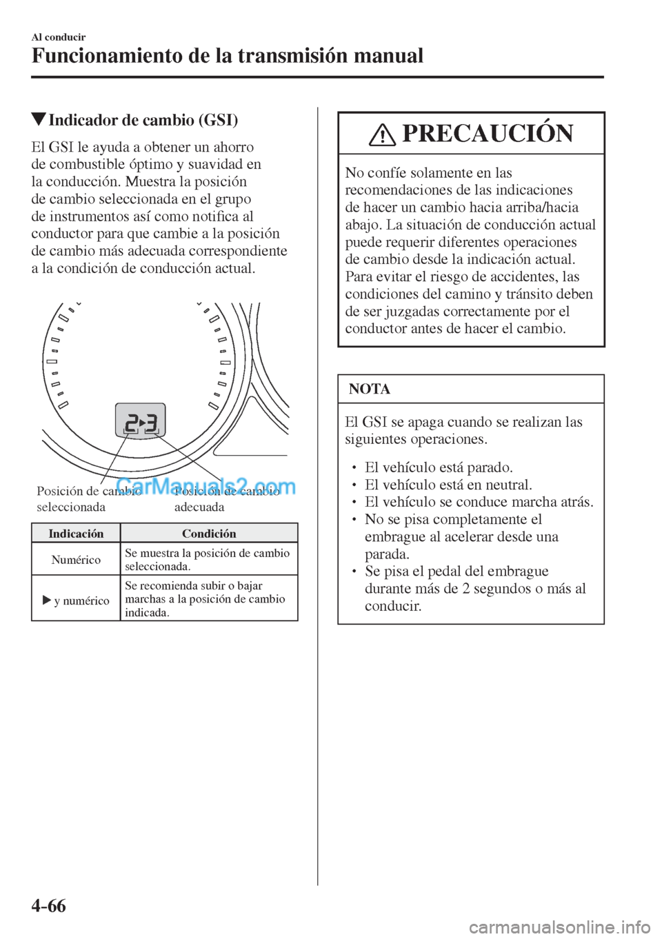 MAZDA MODEL CX-5 2017  Manual del propietario (in Spanish) 4–66
Al conducir
Funcionamiento de la transmisión manual
         Indicador de cambio (GSI)
    El GSI le ayuda a obtener un ahorro 
de combustible óptimo y suavidad en 
la conducción. Muestra la