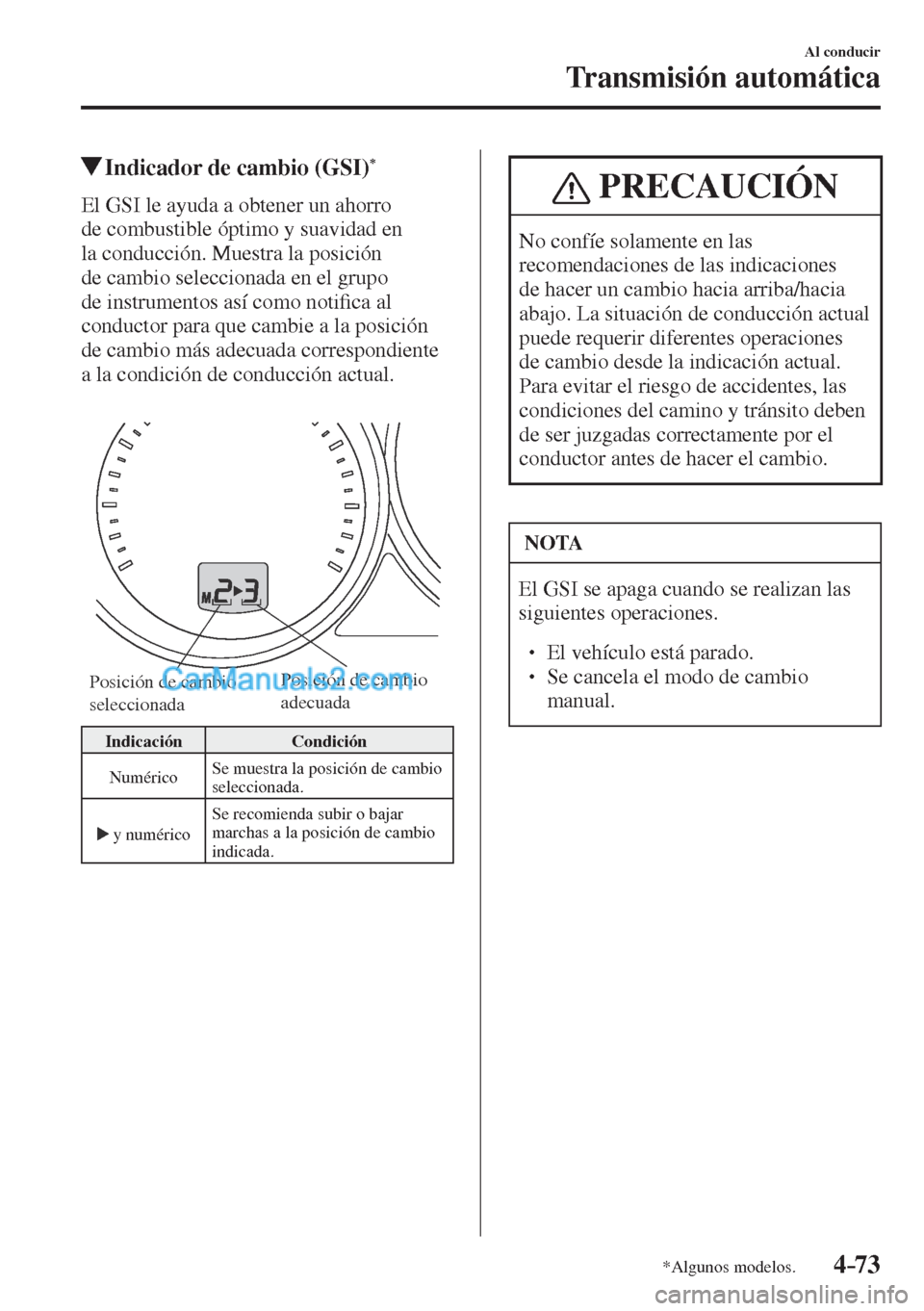 MAZDA MODEL CX-5 2017  Manual del propietario (in Spanish) 4–73
Al conducir
Transmisión automática
*Algunos modelos.
          Indicador de cambio (GSI) * 
    El GSI le ayuda a obtener un ahorro 
de combustible óptimo y suavidad en 
la conducción. Mues