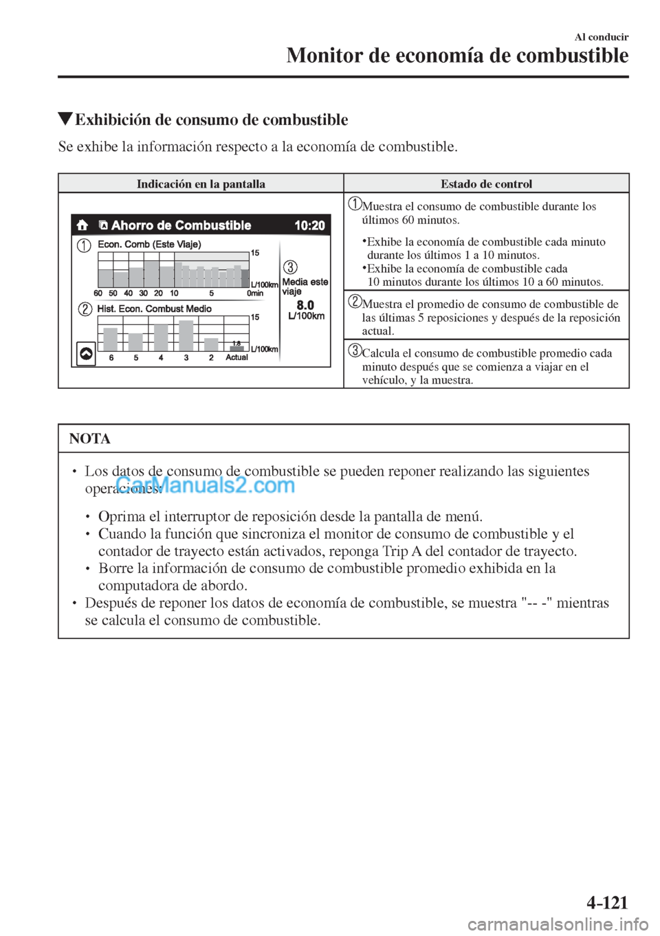 MAZDA MODEL CX-5 2017  Manual del propietario (in Spanish) 4–121
Al conducir
Monitor de economía de combustible
         Exhibición de consumo de combustible
              Se  exhibe  la  información  respecto  a  la  economía  de  combustible.
  
 Indi