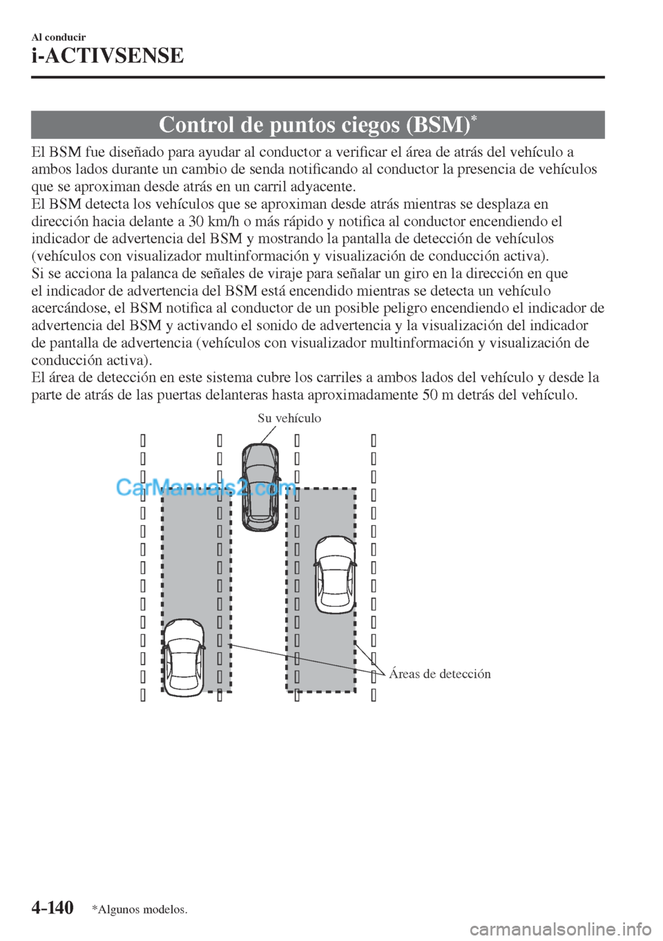 MAZDA MODEL CX-5 2017  Manual del propietario (in Spanish) 4–14 0
Al conducir
i-ACTIVSENSE
*Algunos modelos.
 Control de puntos ciegos (BSM) * 
              El  BSM  fue  diseñado  para  ayudar  al  conductor  a  veri�¿ car el área de atrás del vehícu