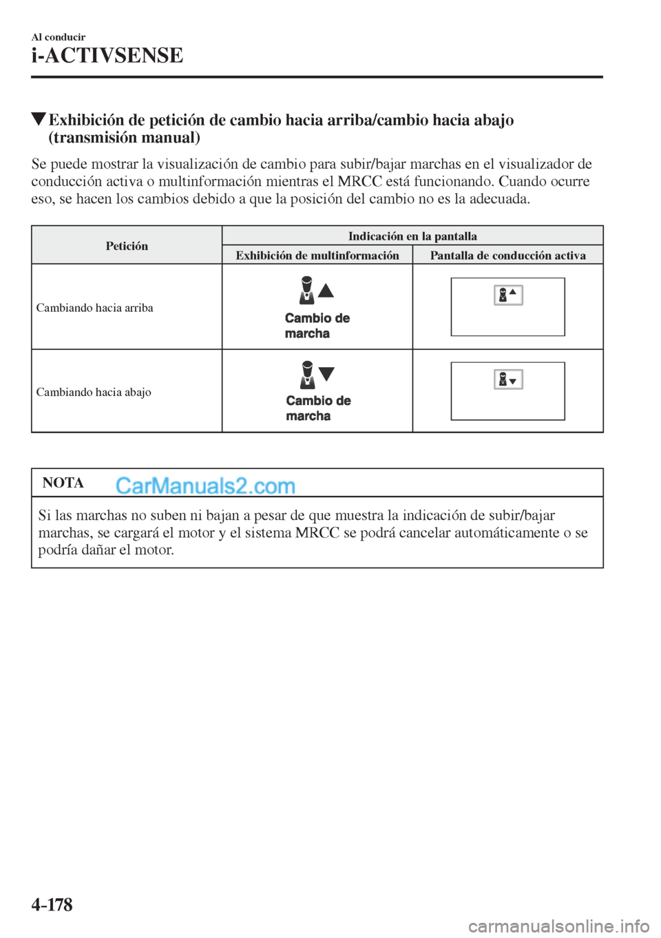 MAZDA MODEL CX-5 2017  Manual del propietario (in Spanish) 4–178
Al conducir
i-ACTIVSENSE
          Exhibición de petición de cambio hacia arriba/cambio hacia abajo 
(transmisión manual)
            Se puede mostrar la visualización de cambio para subir