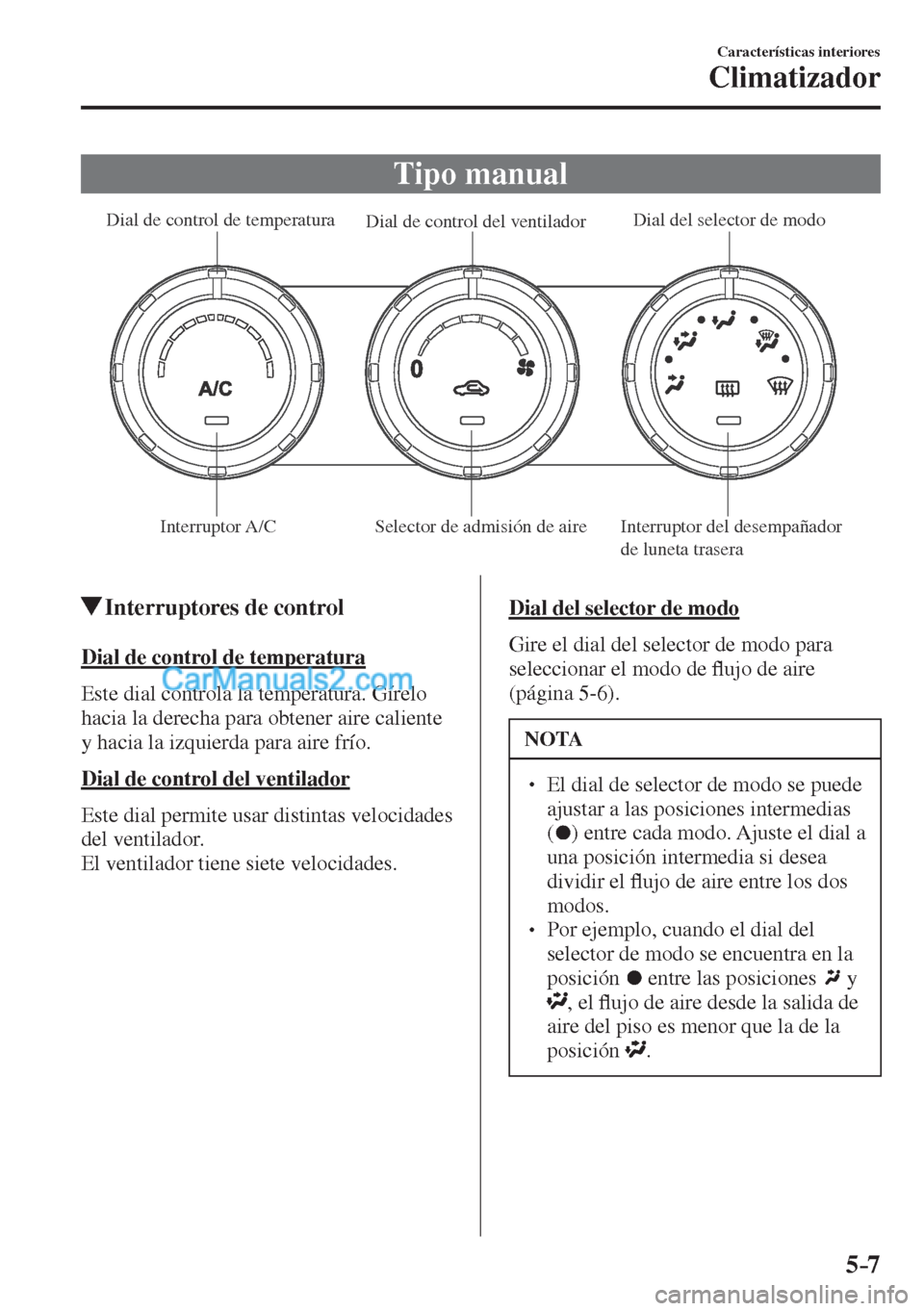 MAZDA MODEL CX-5 2017  Manual del propietario (in Spanish) 5–7
Características interiores
Climatizador
 Tipo  manual
           
Dial de control de temperatura 
Dial de control del ventiladorDial del selector de modo
Interruptor A/C Selector de admisión d