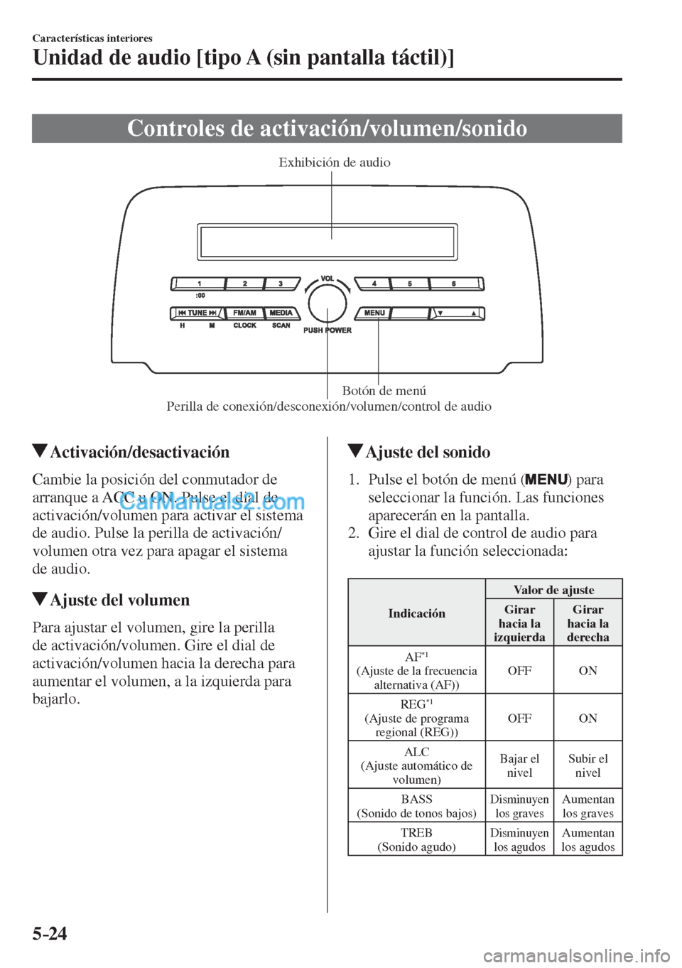 MAZDA MODEL CX-5 2017  Manual del propietario (in Spanish) 5–24
Características interiores
Unidad de audio [tipo A (sin pantalla táctil)]
              C o n t r o l e s   d e   a c t i v a c i ó n / v o l u m e n / s o n i d o
           Perilla de cone
