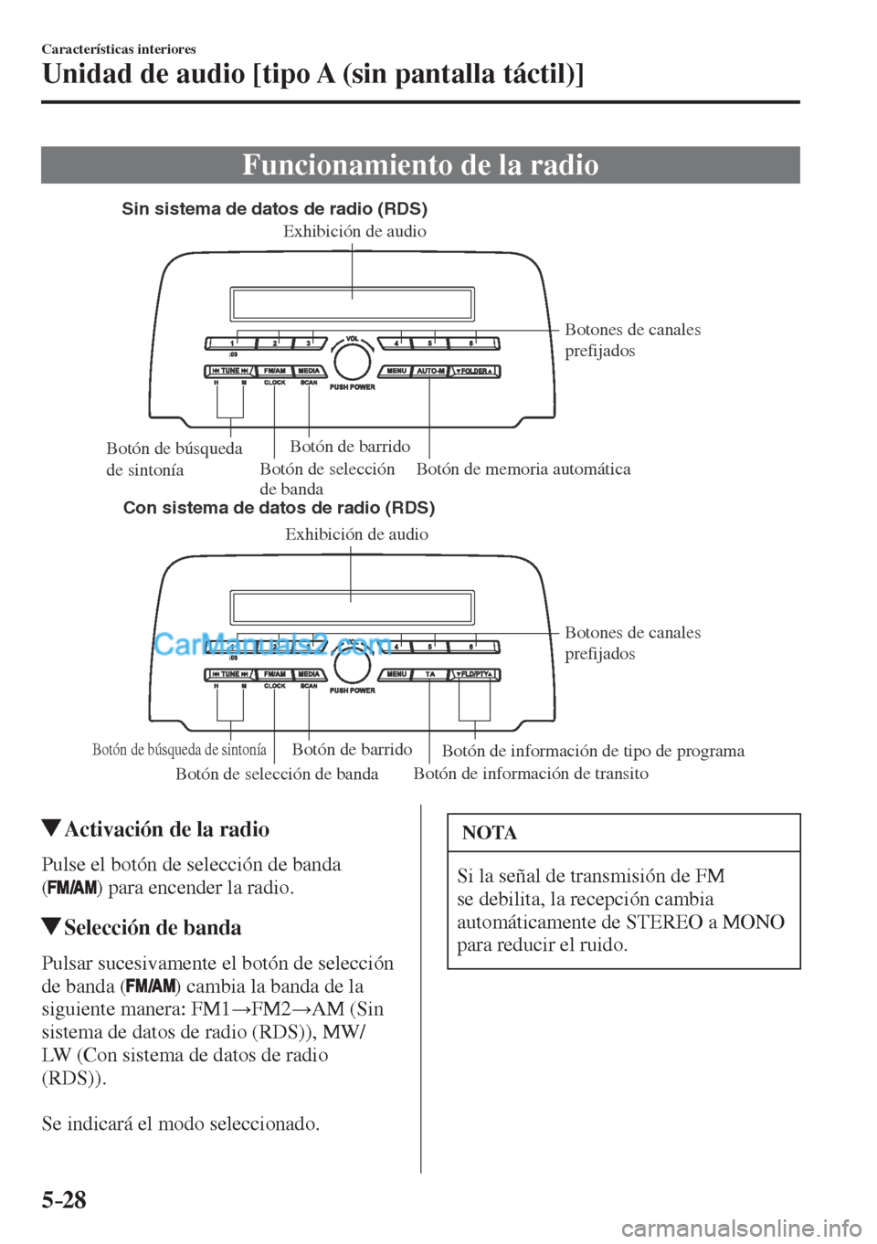 MAZDA MODEL CX-5 2017  Manual del propietario (in Spanish) 5–28
Características interiores
Unidad de audio [tipo A (sin pantalla táctil)]
 Funcionamiento de la radio
             
Sin sistema de datos de radio (RDS)
Con sistema de datos de radio (RDS)
Bot
