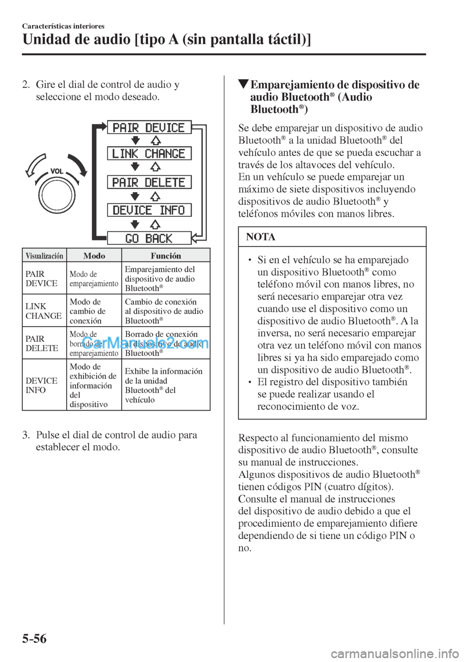 MAZDA MODEL CX-5 2017  Manual del propietario (in Spanish) 5–56
Características interiores
Unidad de audio [tipo A (sin pantalla táctil)]
   2.   Gire el dial de control de audio y 
seleccione el modo deseado.
   
 
 
 Visualización  Modo   Función 
  P