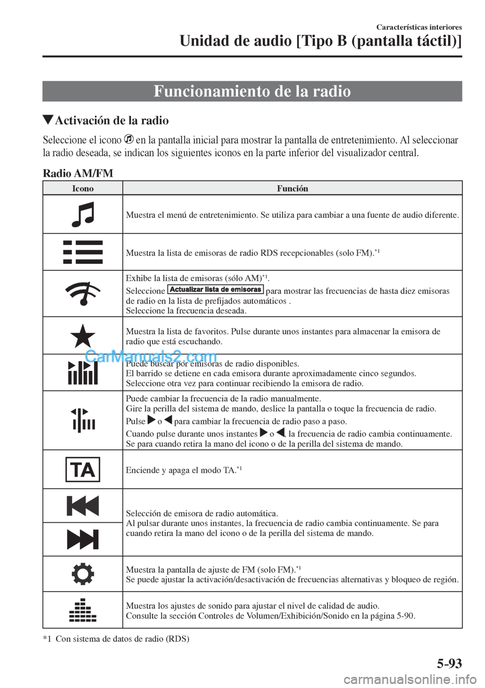 MAZDA MODEL CX-5 2017  Manual del propietario (in Spanish) 5–93
Características interiores
Unidad de audio [Tipo B (pantalla táctil)]
 Funcionamiento de la radio
                 Activación de la radio
    Seleccione  el  icono     en la pantalla inicial