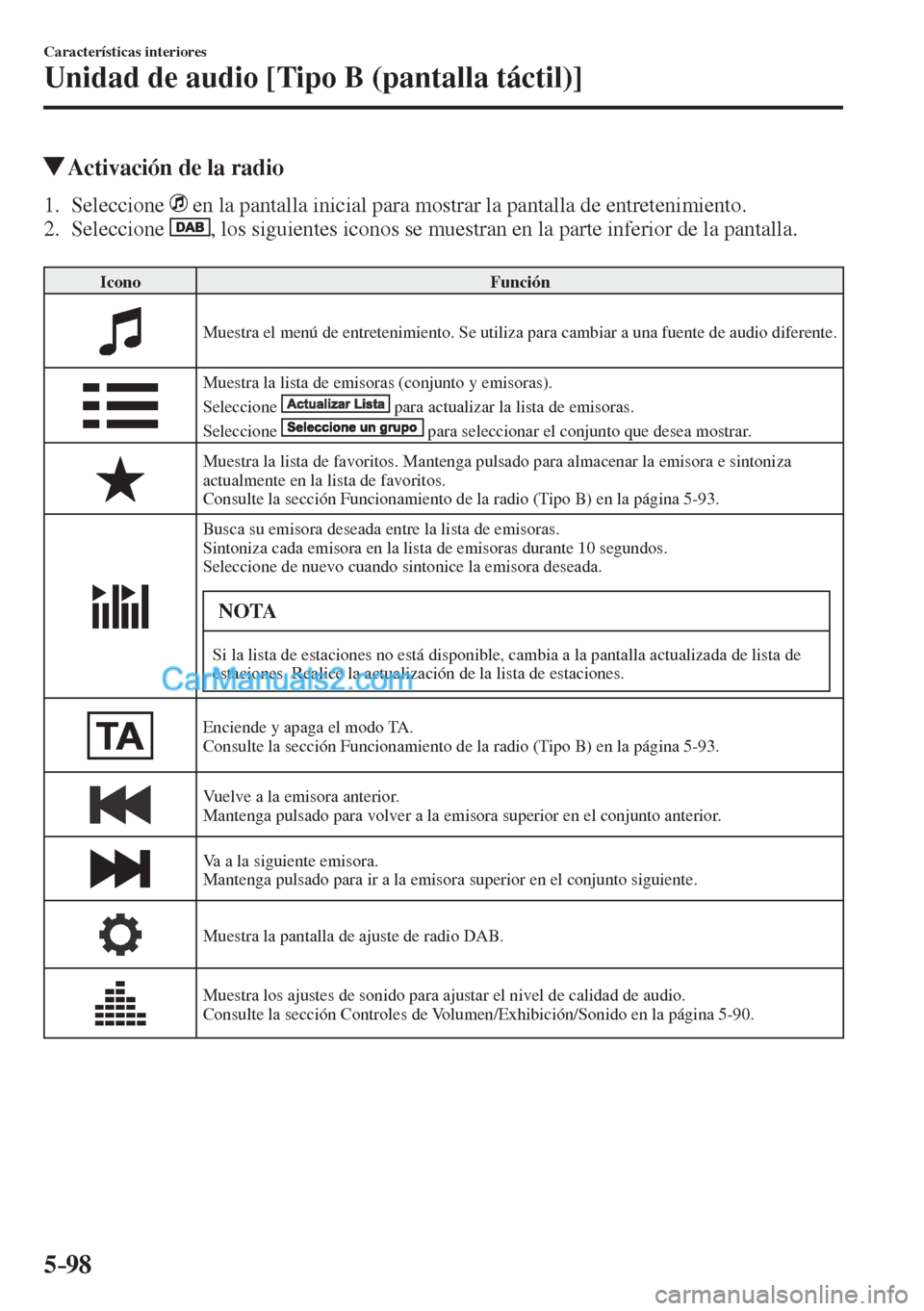 MAZDA MODEL CX-5 2017  Manual del propietario (in Spanish) 5–98
Características interiores
Unidad de audio [Tipo B (pantalla táctil)]
          Activación de la radio
     1.   Seleccione     en la pantalla inicial para mostrar la pantalla de entretenimi