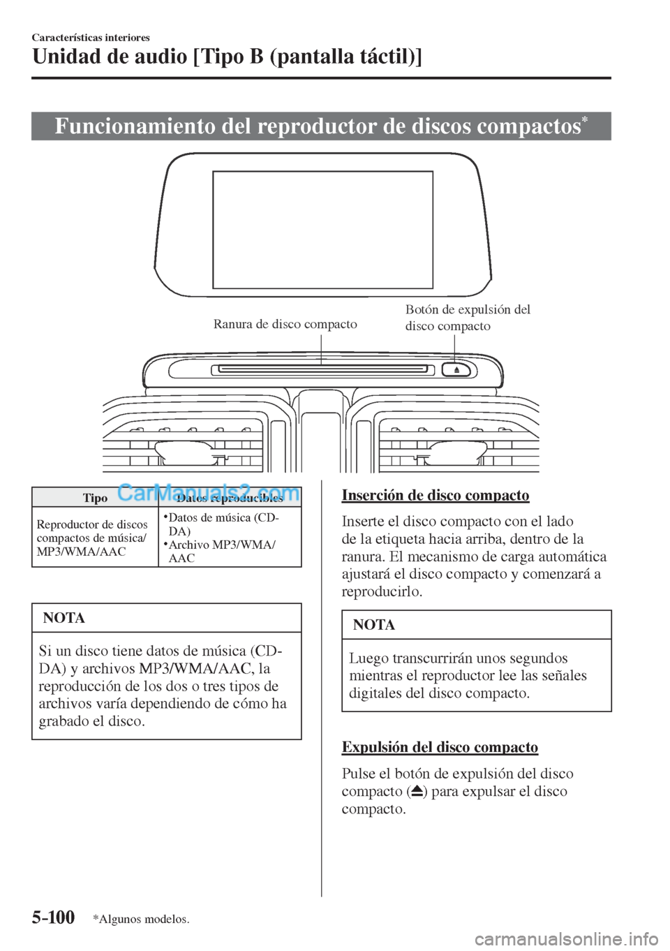MAZDA MODEL CX-5 2017  Manual del propietario (in Spanish) 5–10 0
Características interiores
Unidad de audio [Tipo B (pantalla táctil)]
*Algunos modelos.
 Funcionamiento del reproductor de discos compactos * 
           
Ranura de disco compactoBotón de 