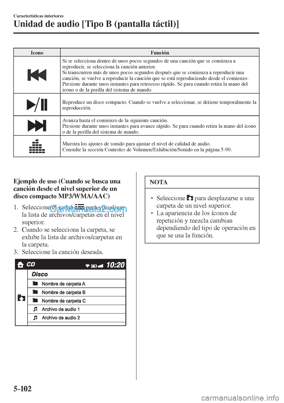 MAZDA MODEL CX-5 2017  Manual del propietario (in Spanish) 5–102
Características interiores
Unidad de audio [Tipo B (pantalla táctil)]
 Icono   Función 
 
  Si se selecciona dentro de unos pocos segundos de una canción que se comienza a 
reproducir, se 