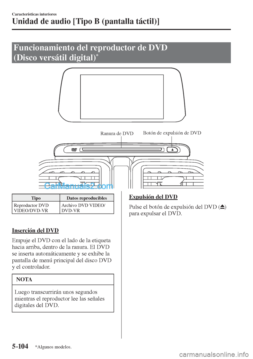MAZDA MODEL CX-5 2017  Manual del propietario (in Spanish) 5–104
Características interiores
Unidad de audio [Tipo B (pantalla táctil)]
*Algunos modelos.
 Funcionamiento del reproductor de DVD 
(Disco versátil digital) 
* 
           
Ranura de DVDBotón 