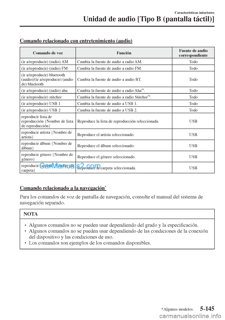 MAZDA MODEL CX-5 2017  Manual del propietario (in Spanish) 5–14 5
Características interiores
Unidad de audio [Tipo B (pantalla táctil)]
*Algunos modelos.
  Comando relacionado con entretenimiento (audio)
 Comando de voz   Función  Fuente de audio 
corres