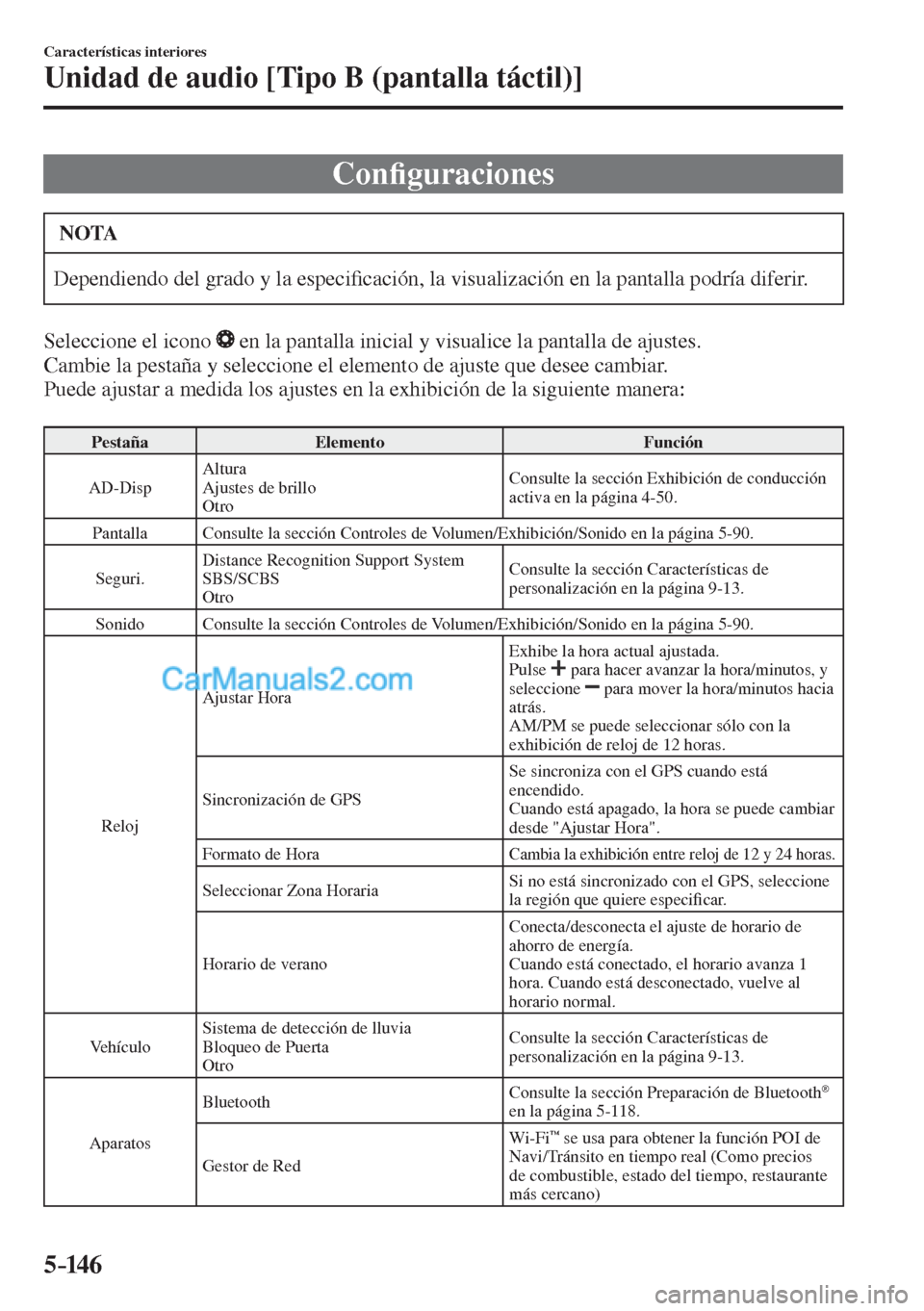 MAZDA MODEL CX-5 2017  Manual del propietario (in Spanish) 5–14 6
Características interiores
Unidad de audio [Tipo B (pantalla táctil)]
 Con�¿ guraciones
 NOTA
 Dependiendo del grado y la especi�¿ cación, la visualización en la pantalla podría diferi