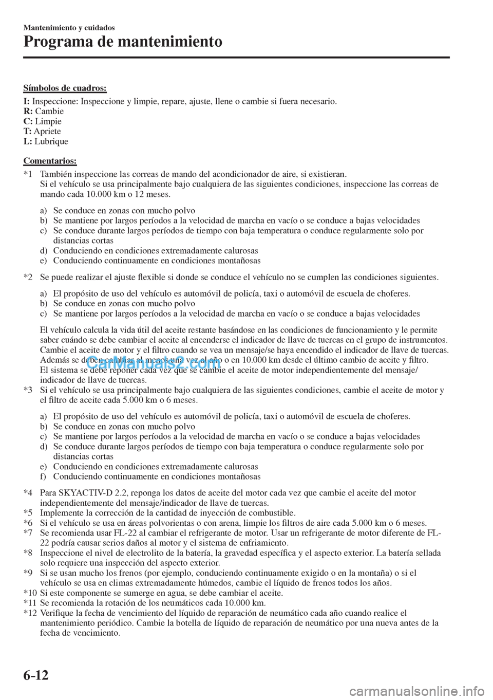 MAZDA MODEL CX-5 2017  Manual del propietario (in Spanish) 6–12
Mantenimiento y cuidados
Programa de mantenimiento
    Símbolos  de  cuadros:
       I :  Inspeccione: Inspeccione y limpie, repare, ajuste, llene o cambie si fuera necesario.
     R :   Cambi