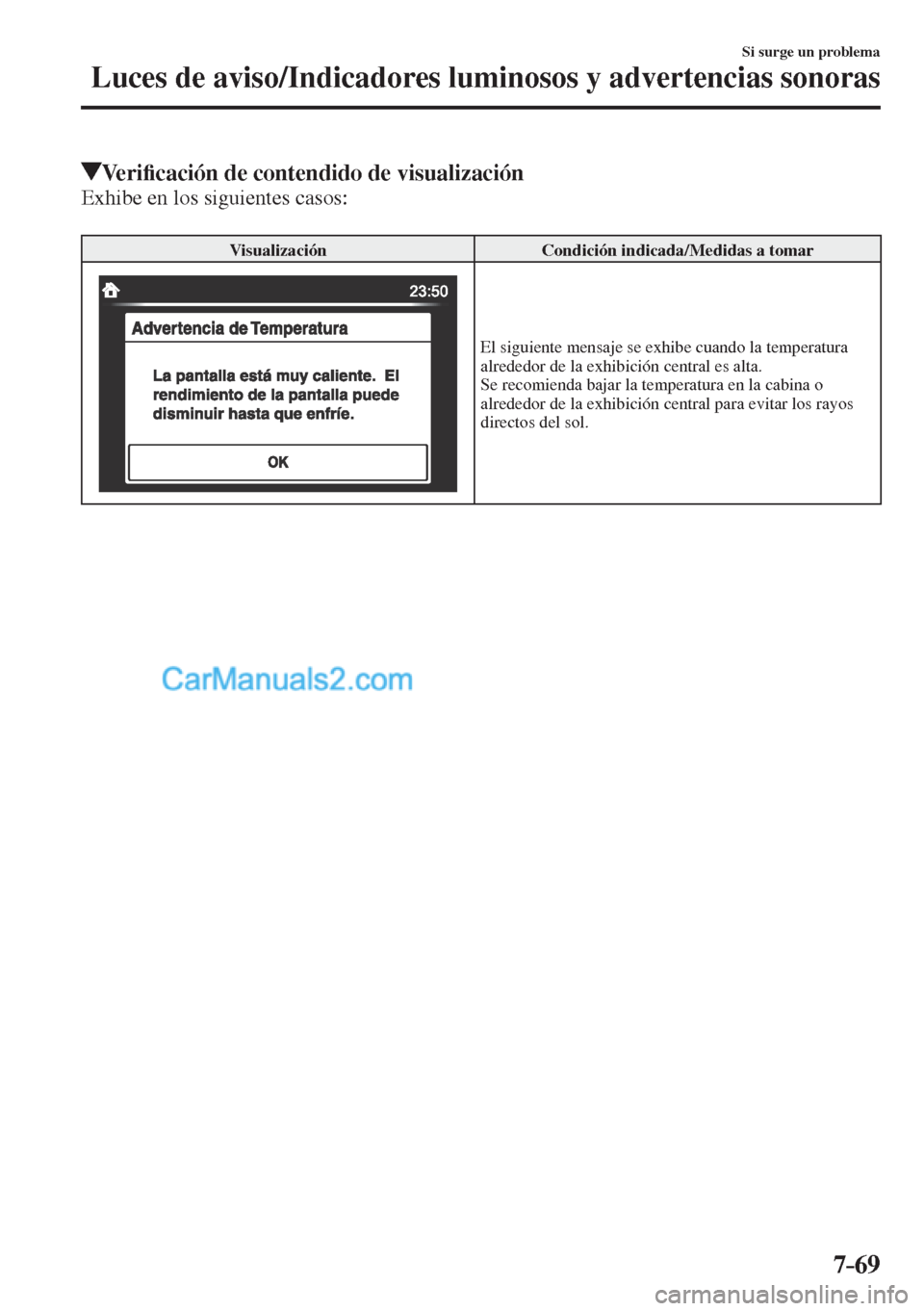 MAZDA MODEL CX-5 2017  Manual del propietario (in Spanish) 7–69
Si surge un problema
Luces de aviso/Indicadores luminosos y advertencias sonoras
            Veri�¿ cación de contendido de visualización
    Exhibe  en  los  siguientes  casos:
  
 Visualiz