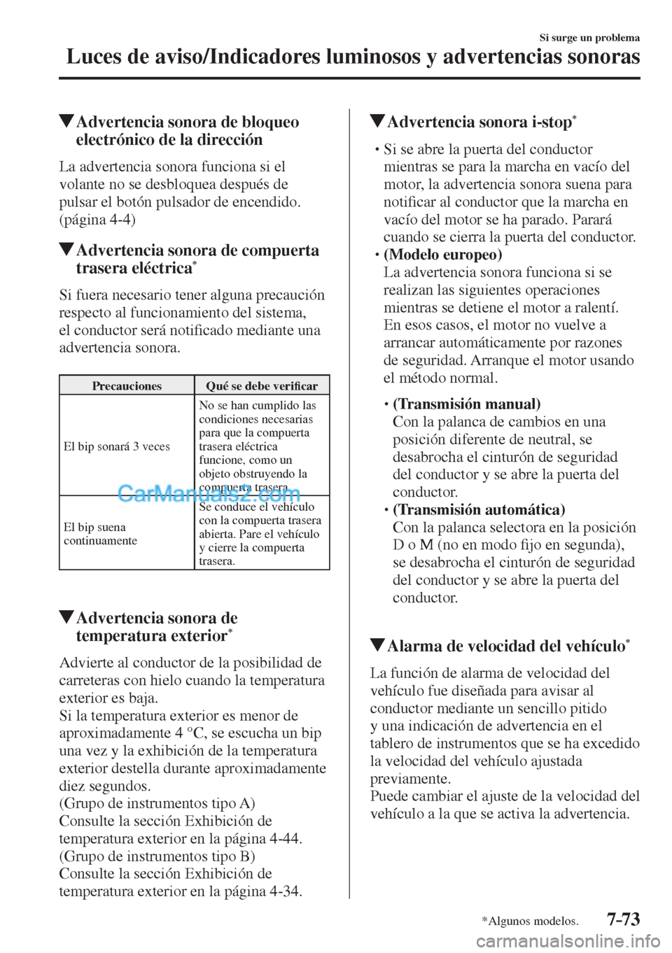 MAZDA MODEL CX-5 2017 Manual del propietario (in Spanish) 7–73
Si surge un problema
Luces de aviso/Indicadores luminosos y advertencias sonoras
*Algunos modelos.
Advertencia sonora de bloqueo
electrónico de la dirección
La adver MAZDA MODEL CX-5 2017 Manual del propietario (in Spanish) 7–73
Si surge un problema
Luces de aviso/Indicadores luminosos y advertencias sonoras
*Algunos modelos.
Advertencia sonora de bloqueo
electrónico de la dirección
La adver