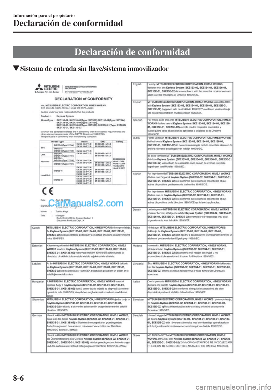 MAZDA MODEL CX-5 2017  Manual del propietario (in Spanish) 8–6
Información para el propietario
Declaración de conformidad
      Declaración  de  conformidad
       Sistema de entrada sin llave/sistema inmovilizador
      
