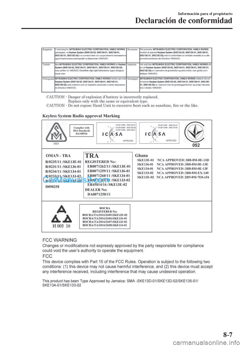MAZDA MODEL CX-5 2017  Manual del propietario (in Spanish) 8–7
Información para el propietario
Declaración de conformidad
    