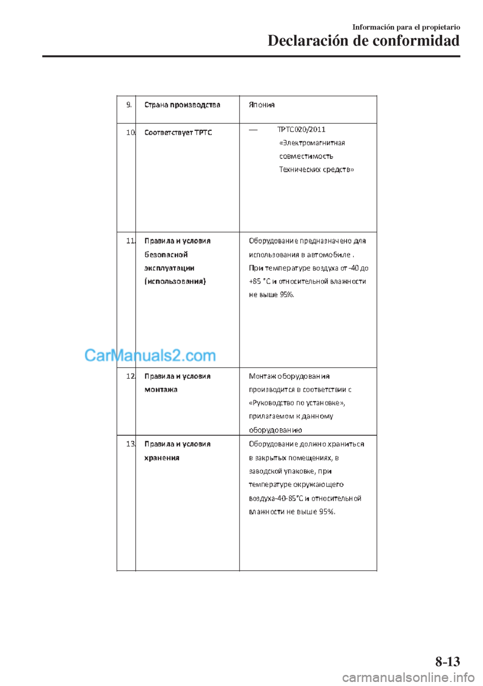 MAZDA MODEL CX-5 2017 Manual del propietario (in Spanish) 8–13
Información para el propietario
Declaración de conformidad
MAZDA MODEL CX-5 2017 Manual del propietario (in Spanish) 8–13
Información para el propietario
Declaración de conformidad