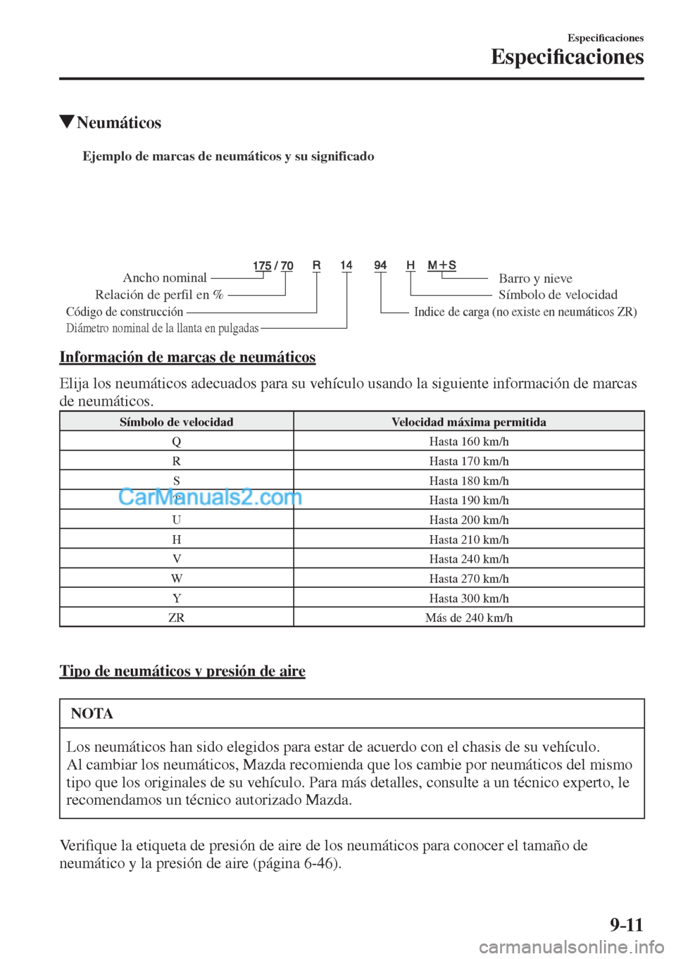 MAZDA MODEL CX-5 2017  Manual del propietario (in Spanish) 9–11
Especi�¿ caciones
Especi�¿ caciones
          Neumáticos
           
Ejemplo de marcas de neumáticos y su significado
Ancho nominal
Relación de perfil en %
Código de construcción
Barro y