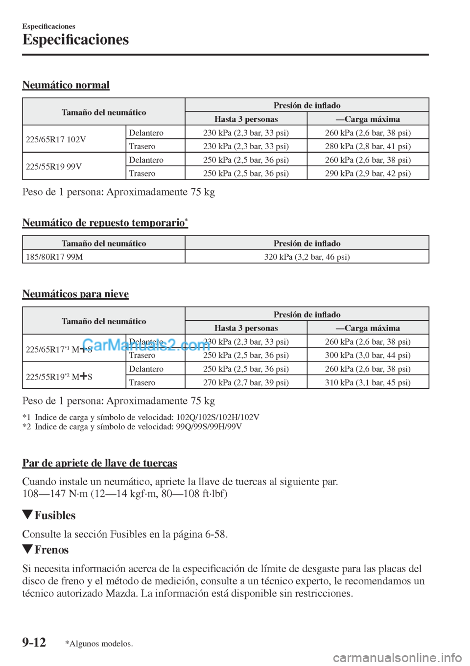 MAZDA MODEL CX-5 2017  Manual del propietario (in Spanish) 9–12
Especi�¿ caciones
Especi�¿ caciones
*Algunos modelos.
    Neumático  normal
 Tamaño del neumático  Presión de in�À ado 
 Hasta 3 personas   —Carga máxima 
 225/65R17  102V  Delantero 