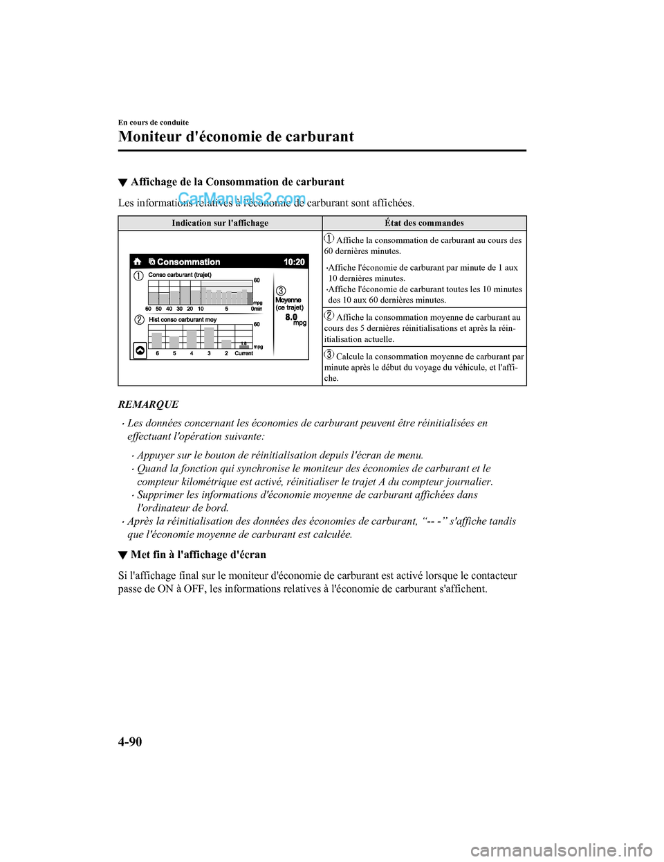 MAZDA MODEL CX-5 2017 Manuel du propriétaire (in French) ▼Affichage de la Consommation de carburant
Les informations relatives à léconomie de carburant sont affichées.
Indication sur laffichage
État des commandes
Affiche la consommation de carburan MAZDA MODEL CX-5 2017 Manuel du propriétaire (in French) ▼Affichage de la Consommation de carburant
Les informations relatives à léconomie de carburant sont affichées.
Indication sur laffichage
État des commandes
Affiche la consommation de carburan