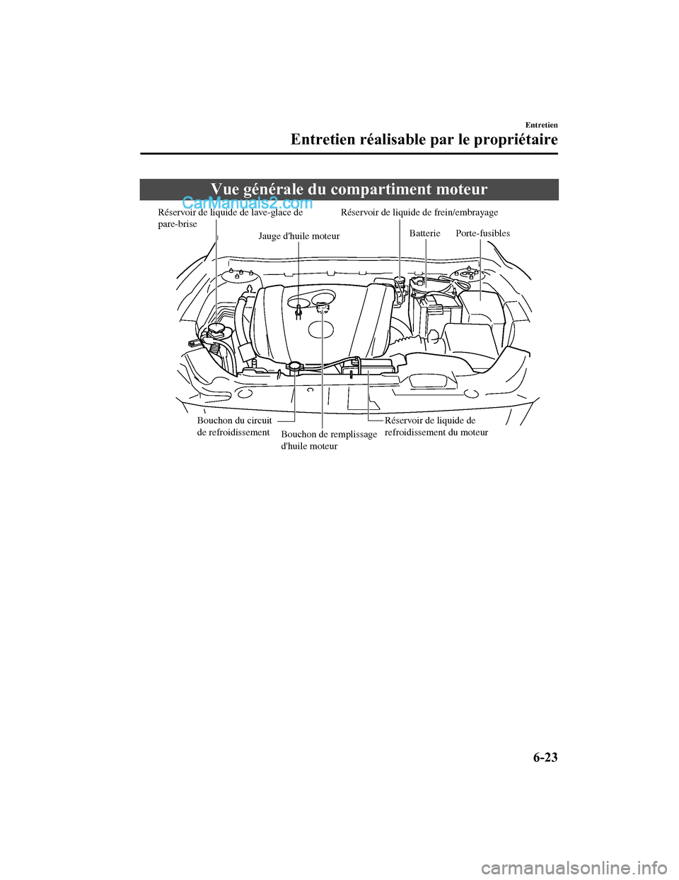 MAZDA MODEL CX-5 2017 Manuel du propriétaire (in French) Vue générale du compartiment moteur
Réservoir de liquide de lave-glace de
pare-briseRéservoir de liquide de frein/embrayage
Jauge dhuile moteur Batterie Porte-fusibles
Bouchon du circuit
de ref MAZDA MODEL CX-5 2017 Manuel du propriétaire (in French) Vue générale du compartiment moteur
Réservoir de liquide de lave-glace de
pare-briseRéservoir de liquide de frein/embrayage
Jauge dhuile moteur Batterie Porte-fusibles
Bouchon du circuit
de ref